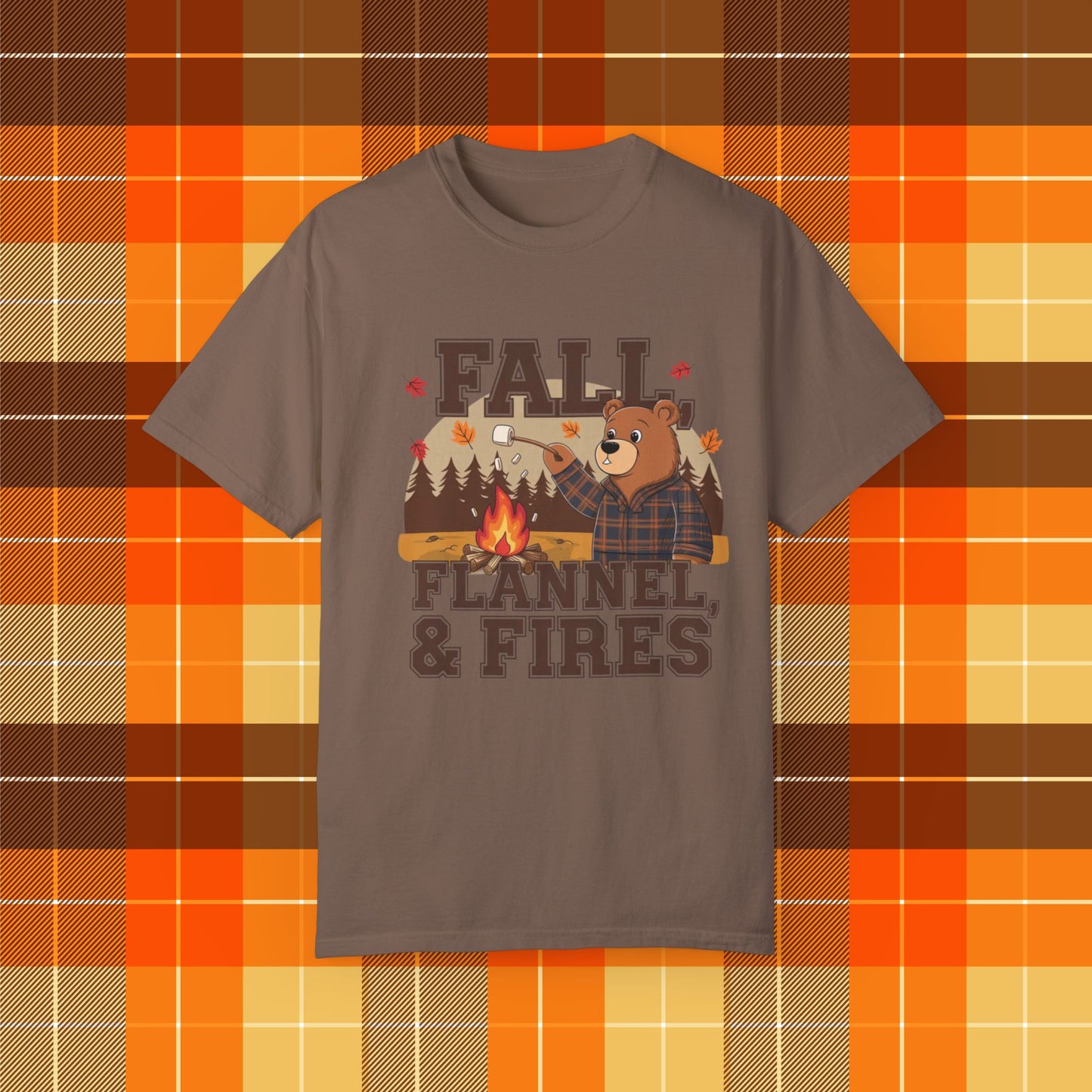 Fall Flannel Bear Campfire T-Shirt Fun Autumn Graphic Tee Cute Halloween Shirt Cozy Fall Vibes Gift for Her Him Outdoors Lover