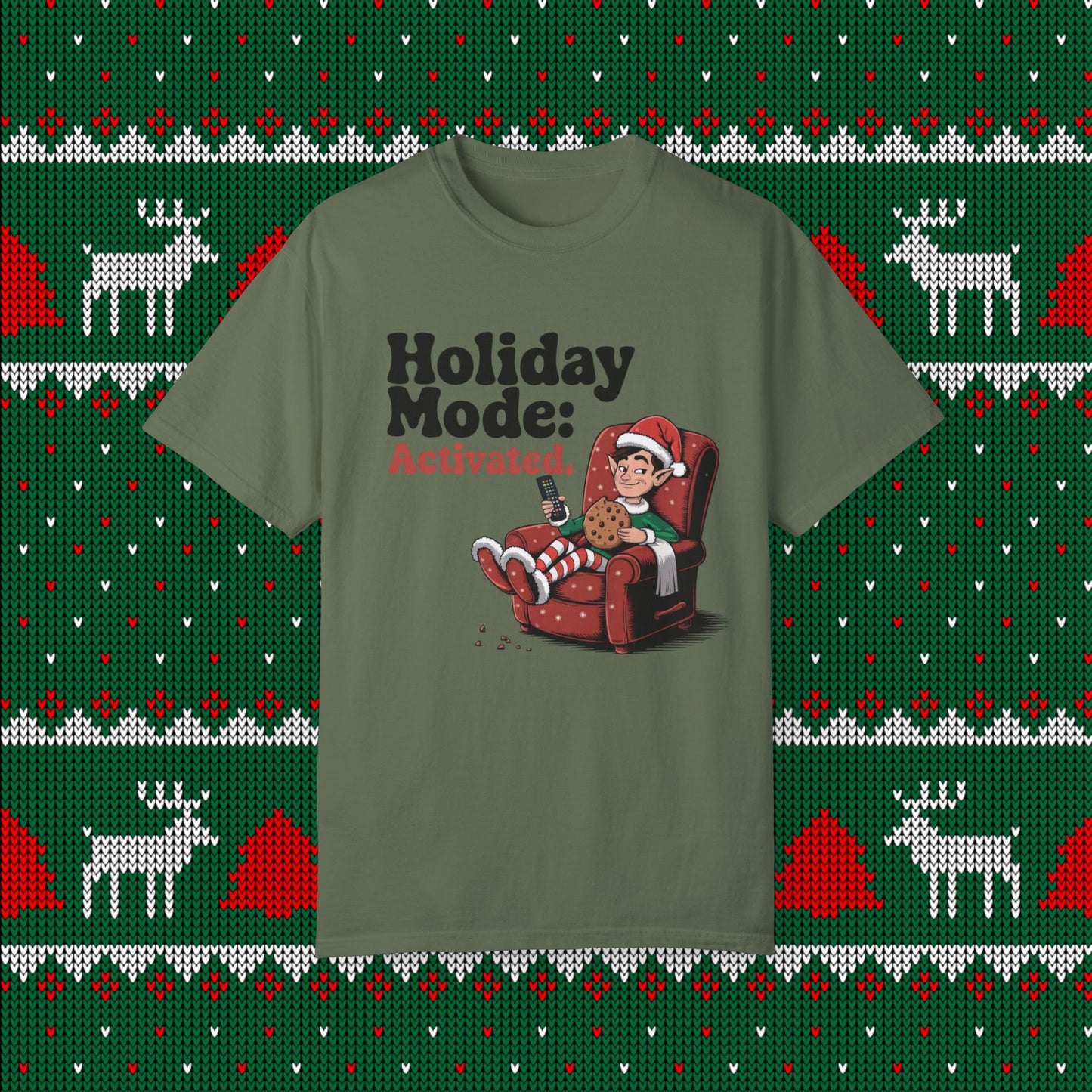 Holiday Mode: Activated Funny Christmas Elf T-Shirt, Quirky Holiday Elf Shirt, Comfy Festive Graphics Tee