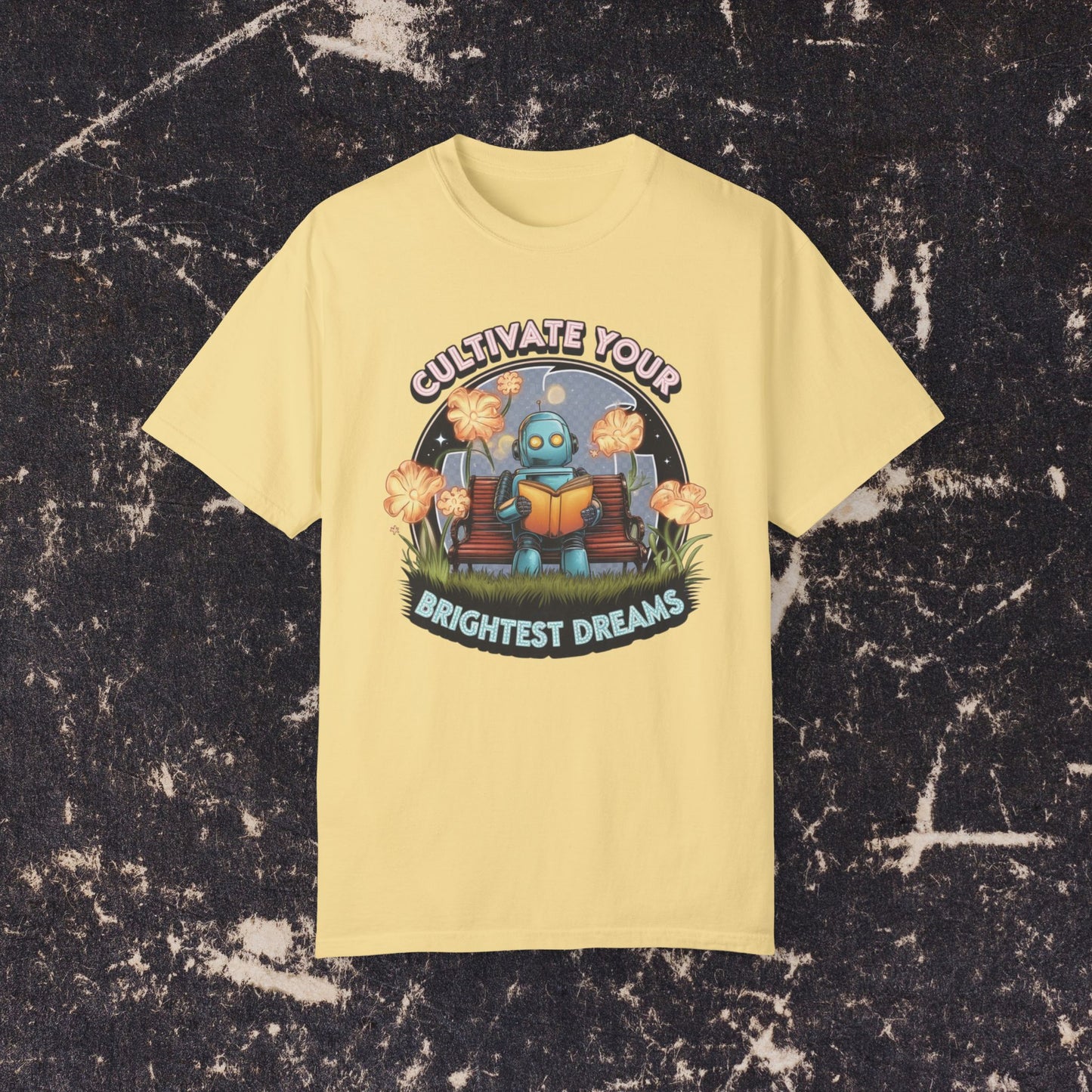 Cute Robot Reading on a Bench Graphic Tee, Cultivate Your Brightest Dreams T-Shirt, Motivational Robot Illustration Tee