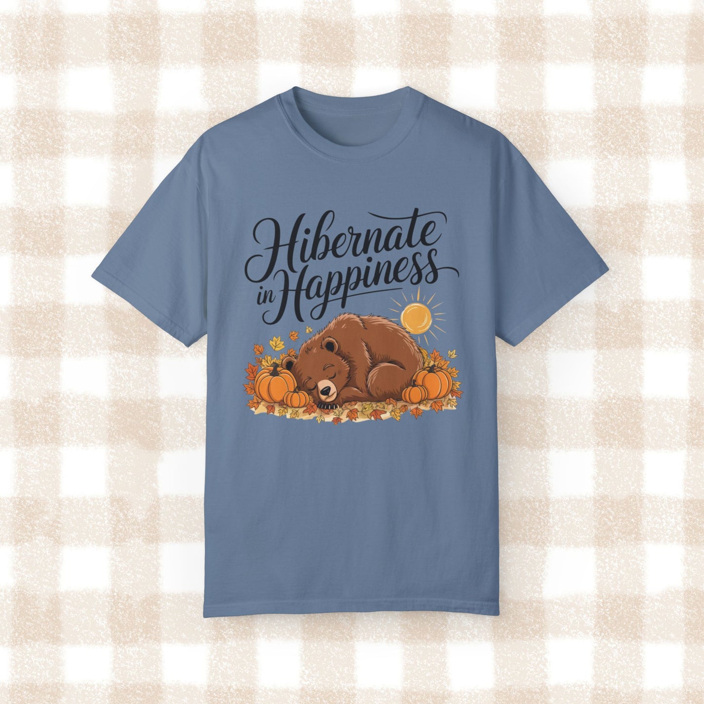 Hibernate in Happiness Bear Fall Design T-Shirt, Cute Bear Sleeping with Pumpkins, Autumn Leaves, Sun, Nature Lovers Gift Tee