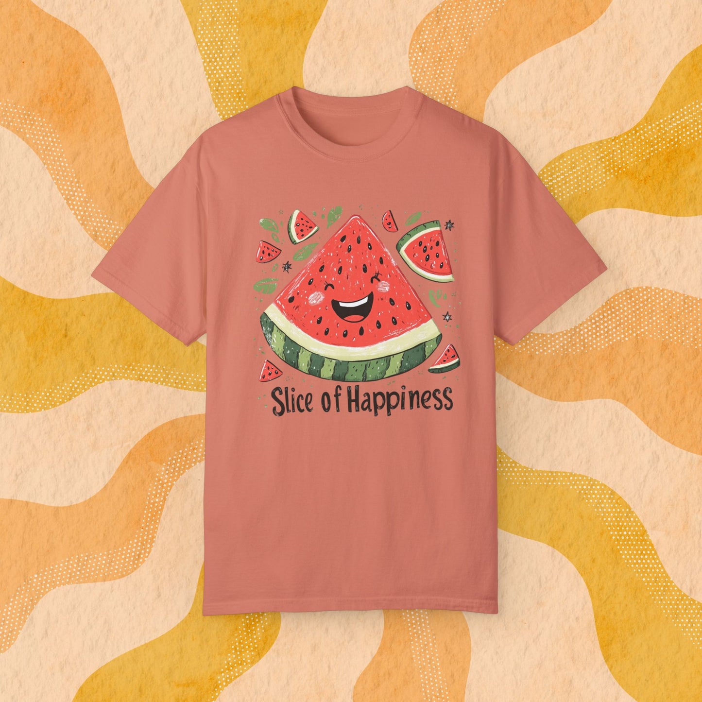 Cute Watermelon Slice of Happiness T-Shirt, Fun Fruit Graphic Tee, Happy Watermelon Smile Shirt Garment-Dyed T-shirt