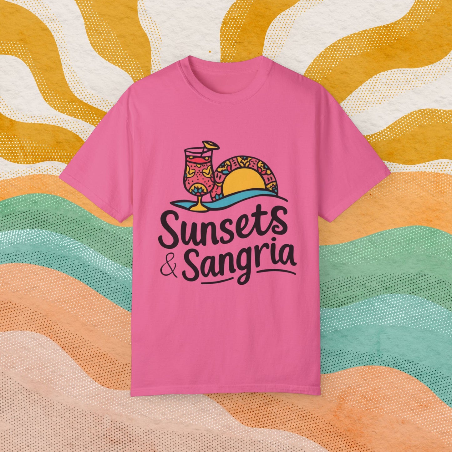 Sunsets and Sangria Graphic Tee, Fun Summer Beach Shirt, Vacation Vibes T-Shirt, Relaxed Fit Casual Top, Unique Gift Idea