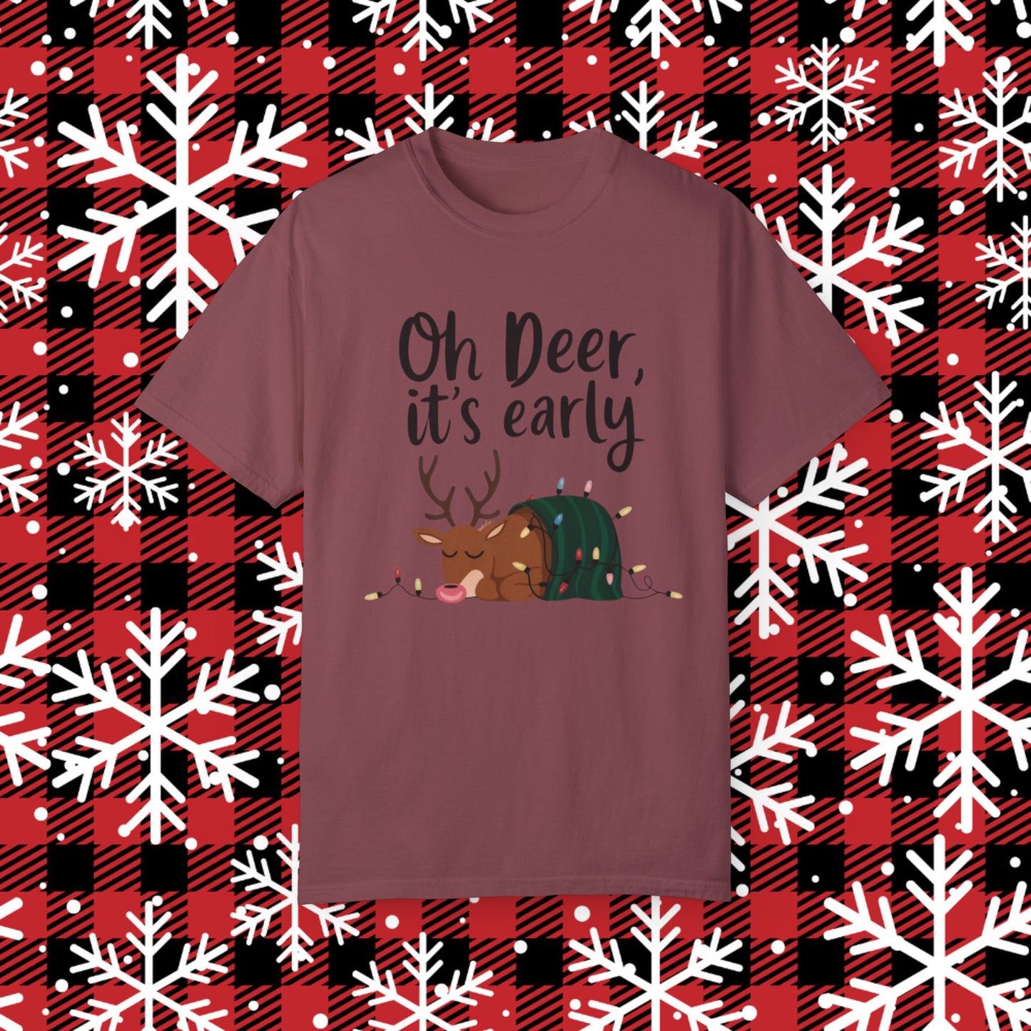 Oh Deer It's Early Christmas T-Shirt, Funny Reindeer Holiday Shirt, Cute Sleeping Deer Tee, Xmas Lights Graphic Tee, Gift for Friends