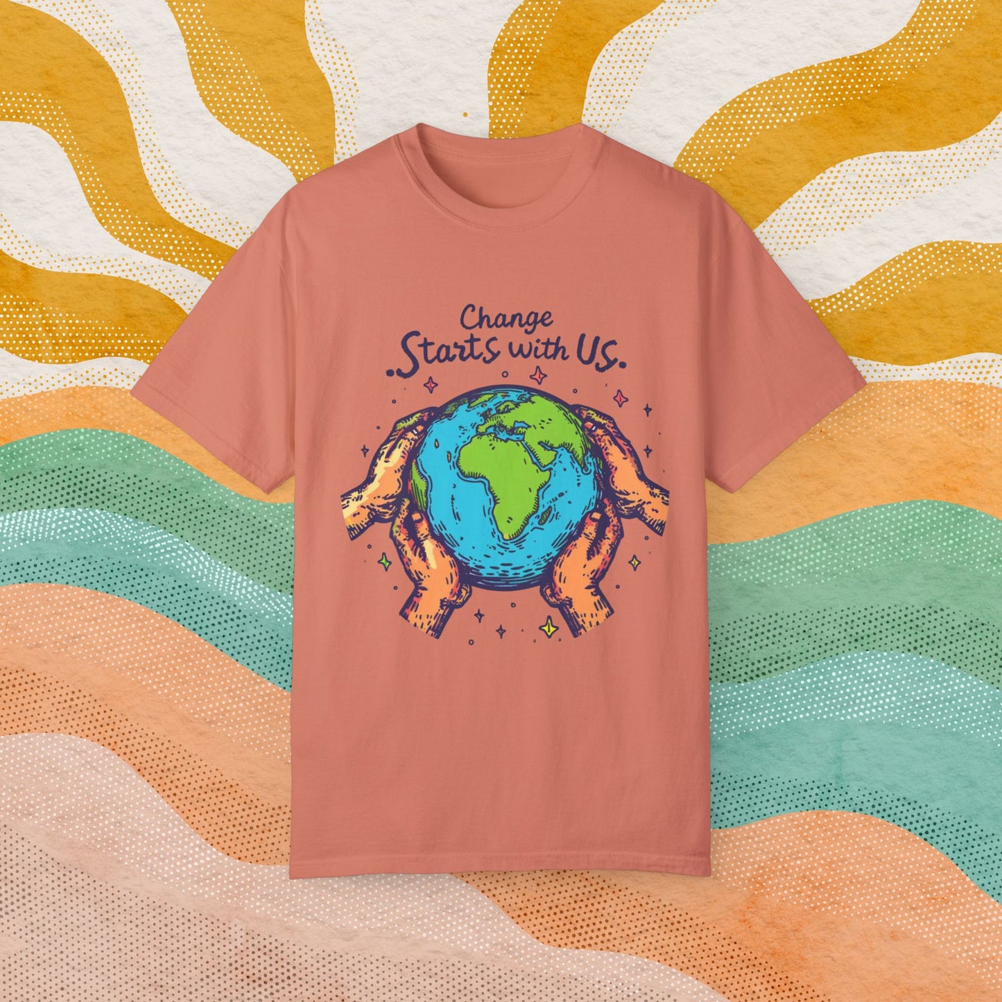 Change Starts with Us Earth Design T-Shirt, Inspirational World Graphic Tee, Environmental Awareness Shirt for Men Women