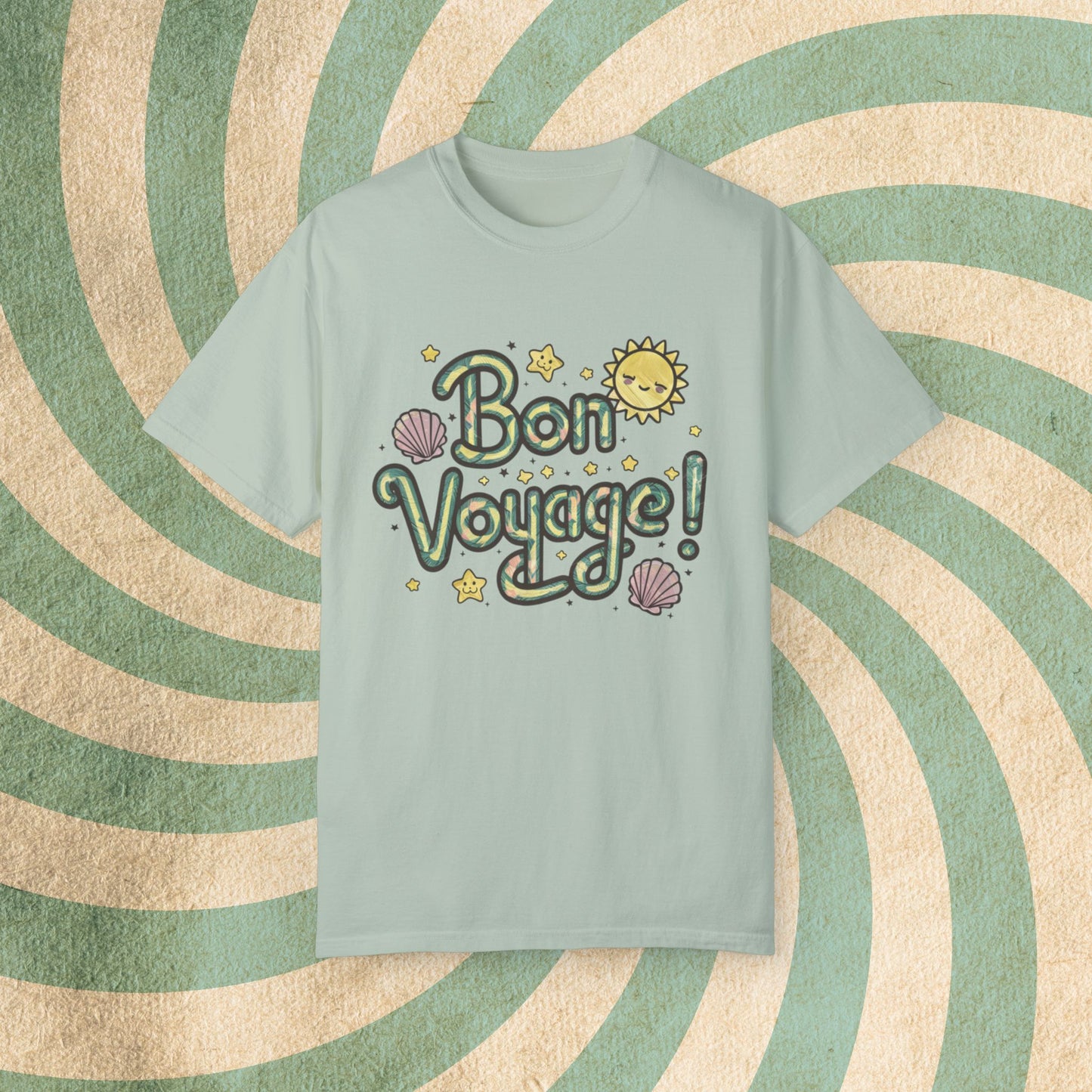 Bon Voyage T-Shirt, Cute Sun Design Tee, Shell and Star Shirt, Fun Travel Shirt, Charming Graphic Tee, Summer Adventure Top