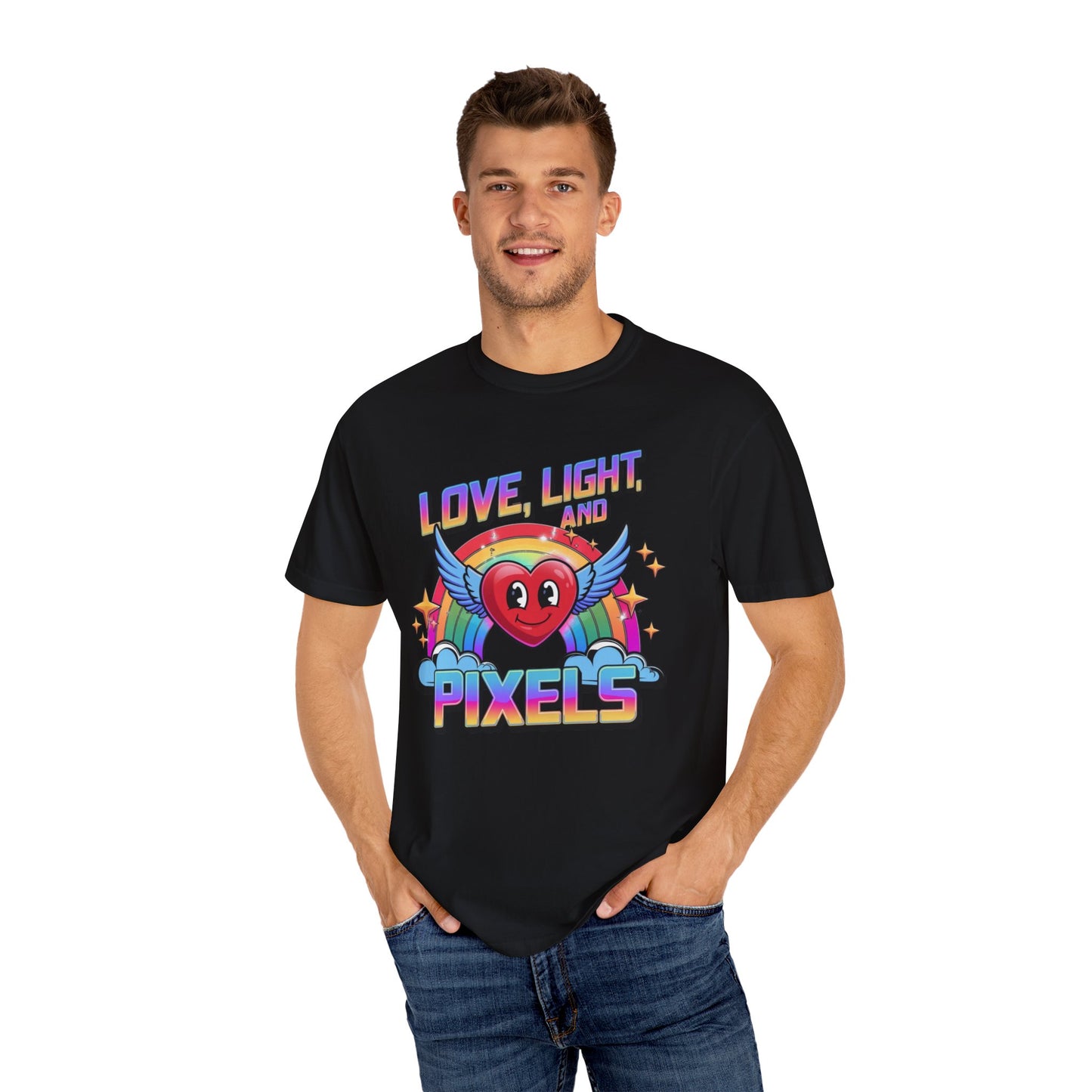 Love Light and Pixels T-Shirt, Retro Rainbow Heart Tee, Winged Heart Graphic Shirt, Positive Vibes Top, Cute Kawaii Nerd Shirt