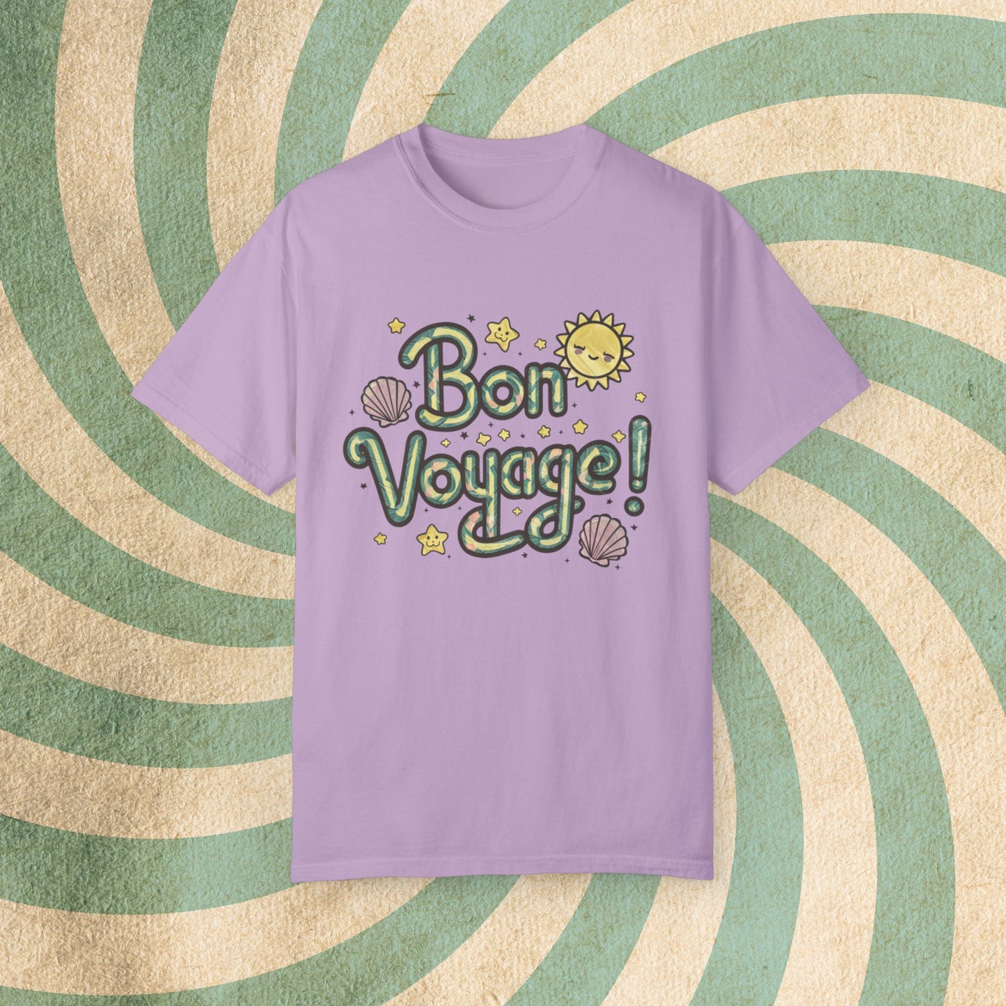 Bon Voyage T-Shirt, Cute Sun Design Tee, Shell and Star Shirt, Fun Travel Shirt, Charming Graphic Tee, Summer Adventure Top