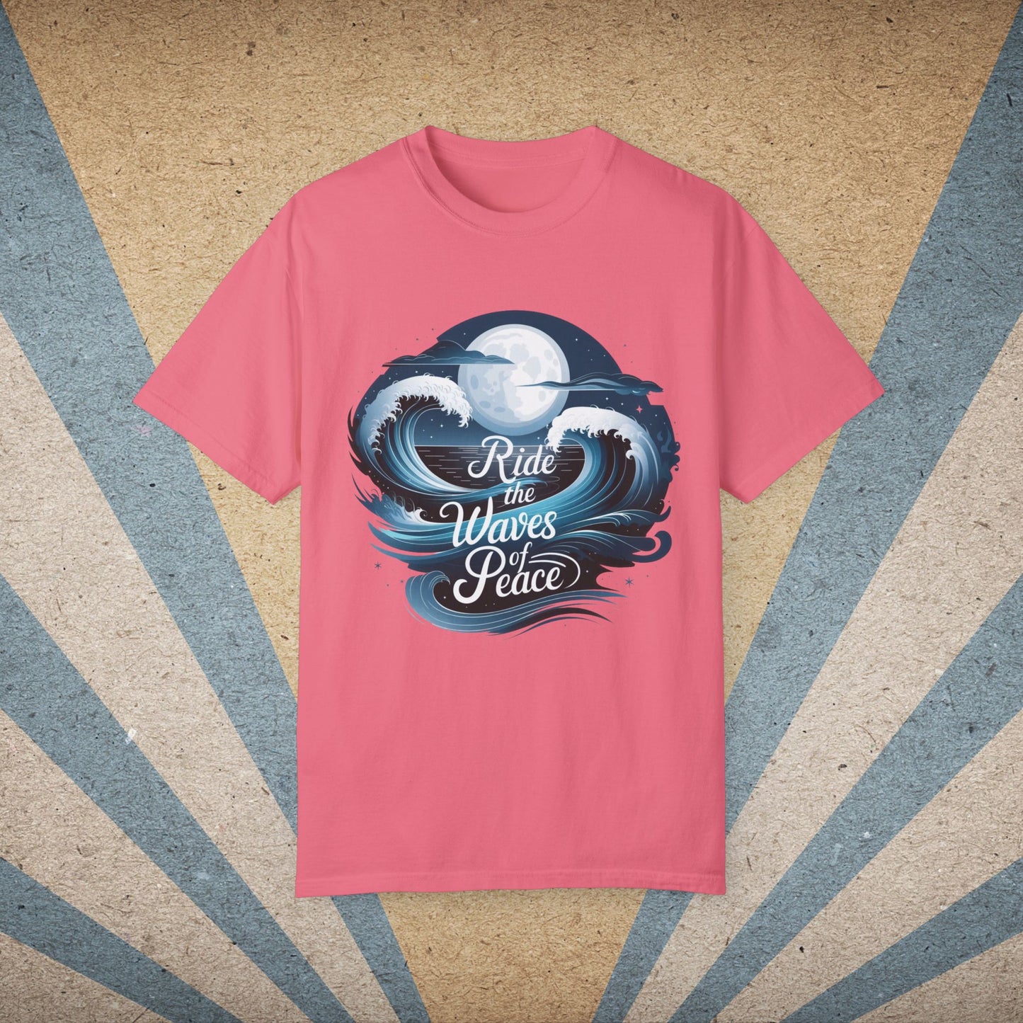 Ride the Waves of Peace Graphic T-Shirt, Surfing Ocean Moon Design Tee, Beach Lovers Shirt, Nautical Themed Apparel Top Garment-Dyed T-shirt