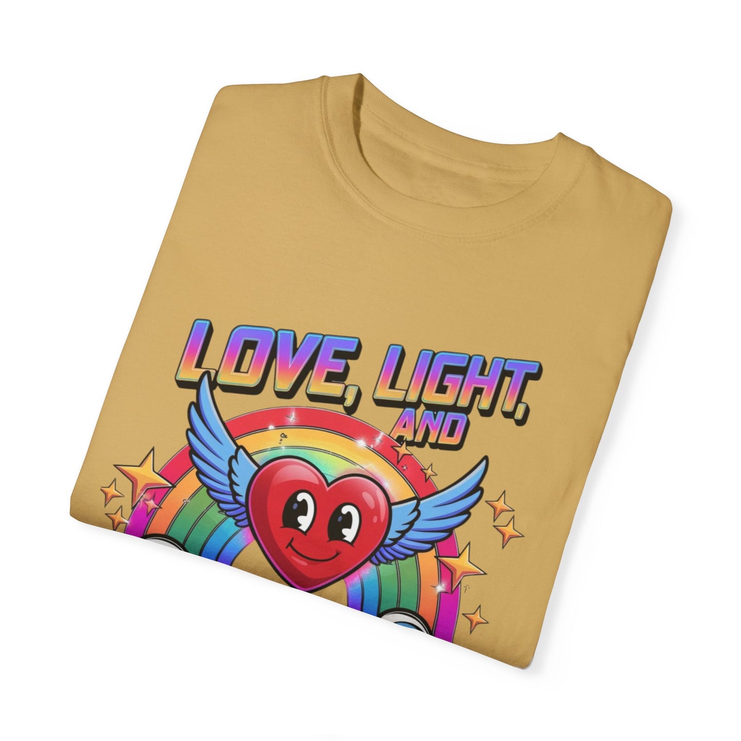 Love Light and Pixels T-Shirt, Retro Rainbow Heart Tee, Winged Heart Graphic Shirt, Positive Vibes Top, Cute Kawaii Nerd Shirt