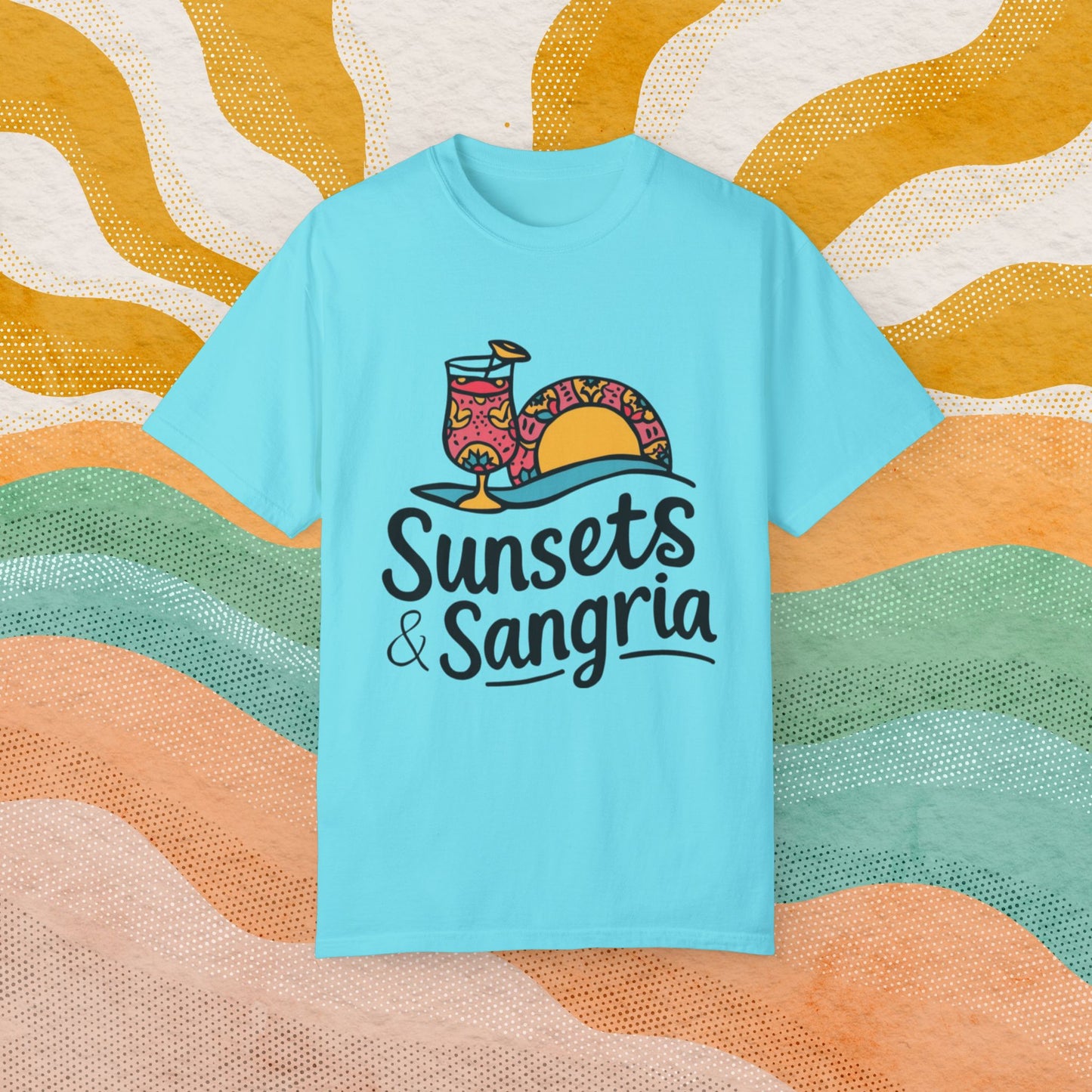 Sunsets and Sangria Graphic Tee, Fun Summer Beach Shirt, Vacation Vibes T-Shirt, Relaxed Fit Casual Top, Unique Gift Idea