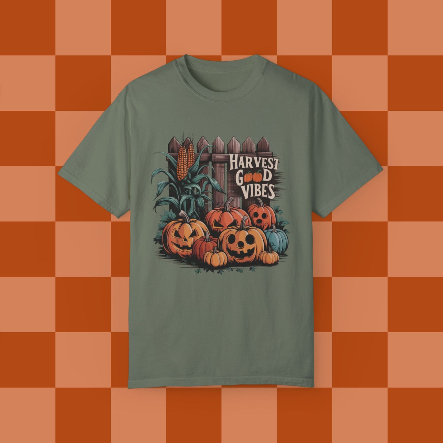 Harvest Good Vibes T-Shirt, Perfect Fall Pumpkin Design, Autumn Corn, Rustic Fence, Cozy Halloween Vibes, Seasonal Graphic Tee