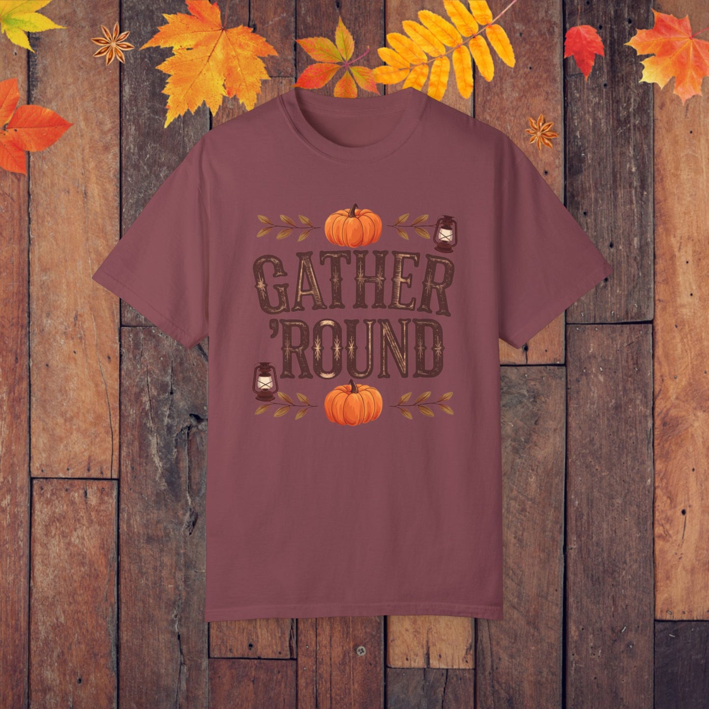 Gather Round Fall Themed T-Shirt, Pumpkin Lantern Design Tee, Autumn Season Shirt, Rustic Thanksgiving Shirt, Cozy Fall Apparel Gift