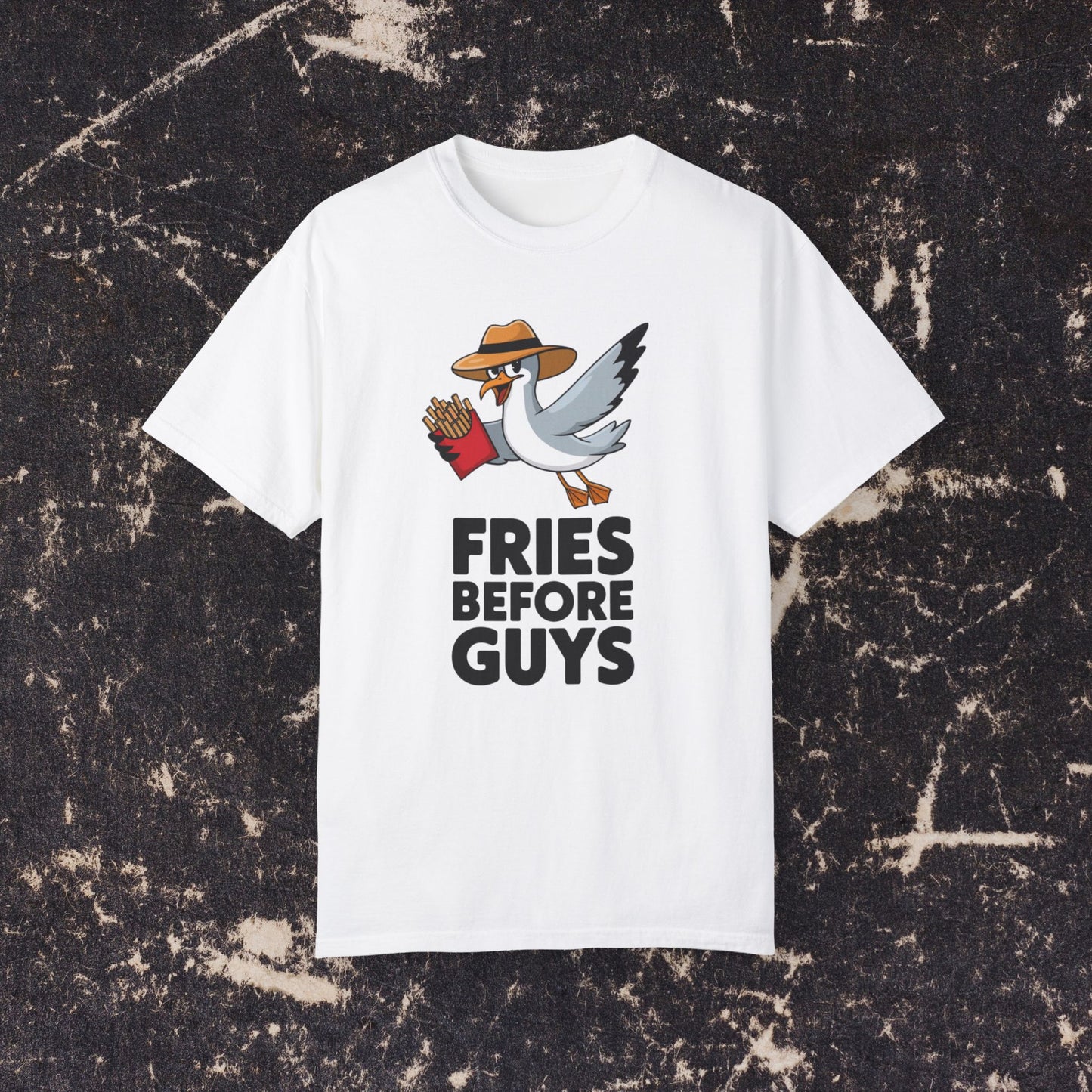 Funny Fries Before Guys Seagull T-Shirt, Humorous Casual Tee, Cute Seagull Graphic Shirt, Fries Lovers Gift, Fun Seagull Tee