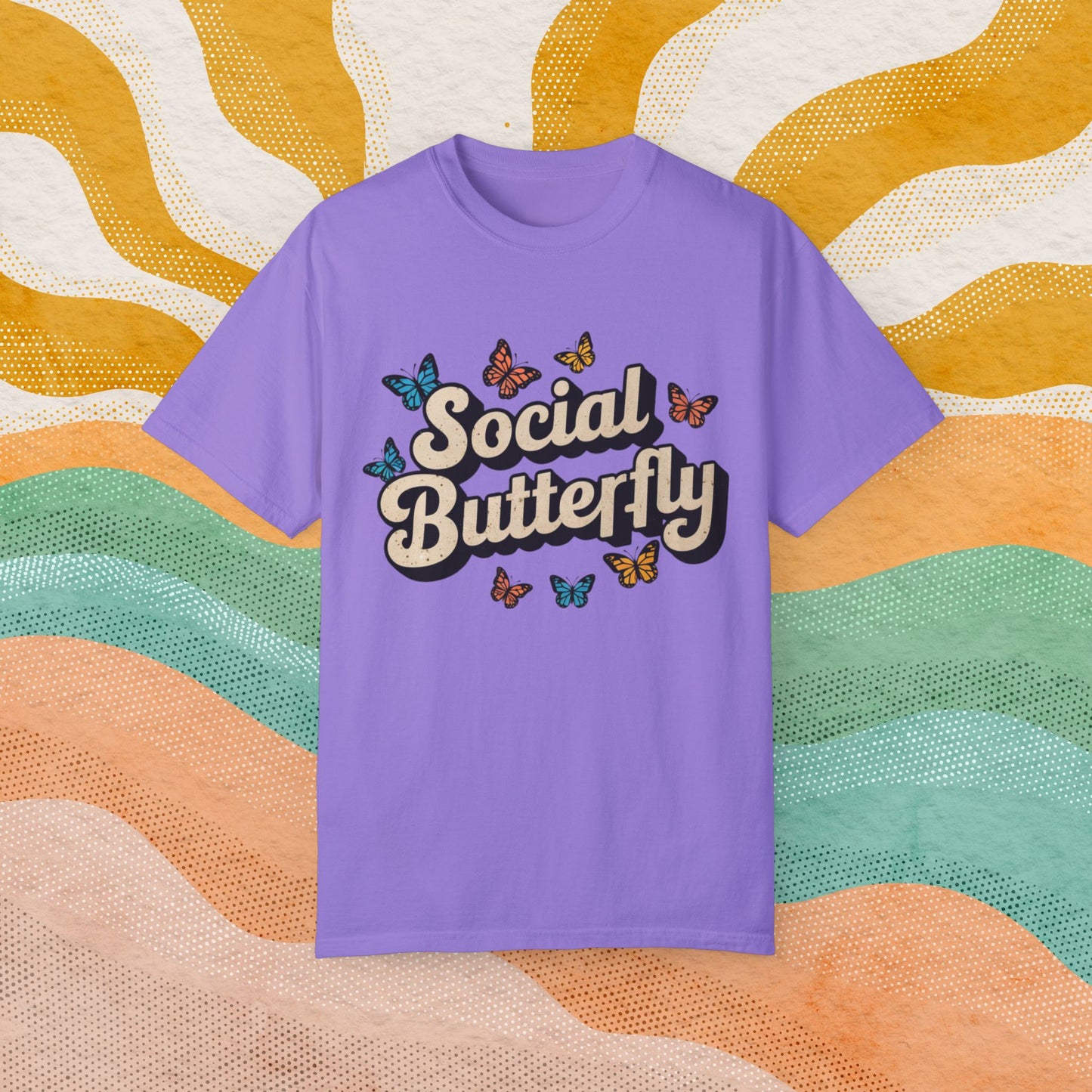 Social Butterfly T-Shirt, Colorful Butterfly Graphic Tee, Fun Summer Fashion, Casual Short Sleeve Shirt, Trendy Gift Idea