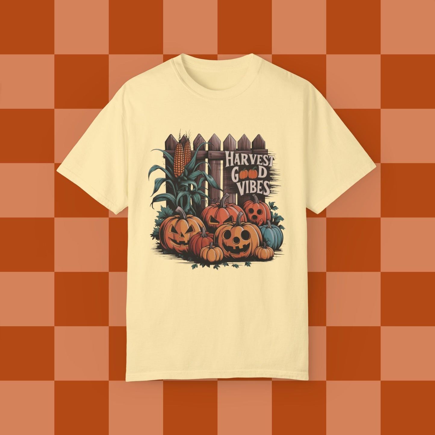 Harvest Good Vibes T-Shirt, Perfect Fall Pumpkin Design, Autumn Corn, Rustic Fence, Cozy Halloween Vibes, Seasonal Graphic Tee