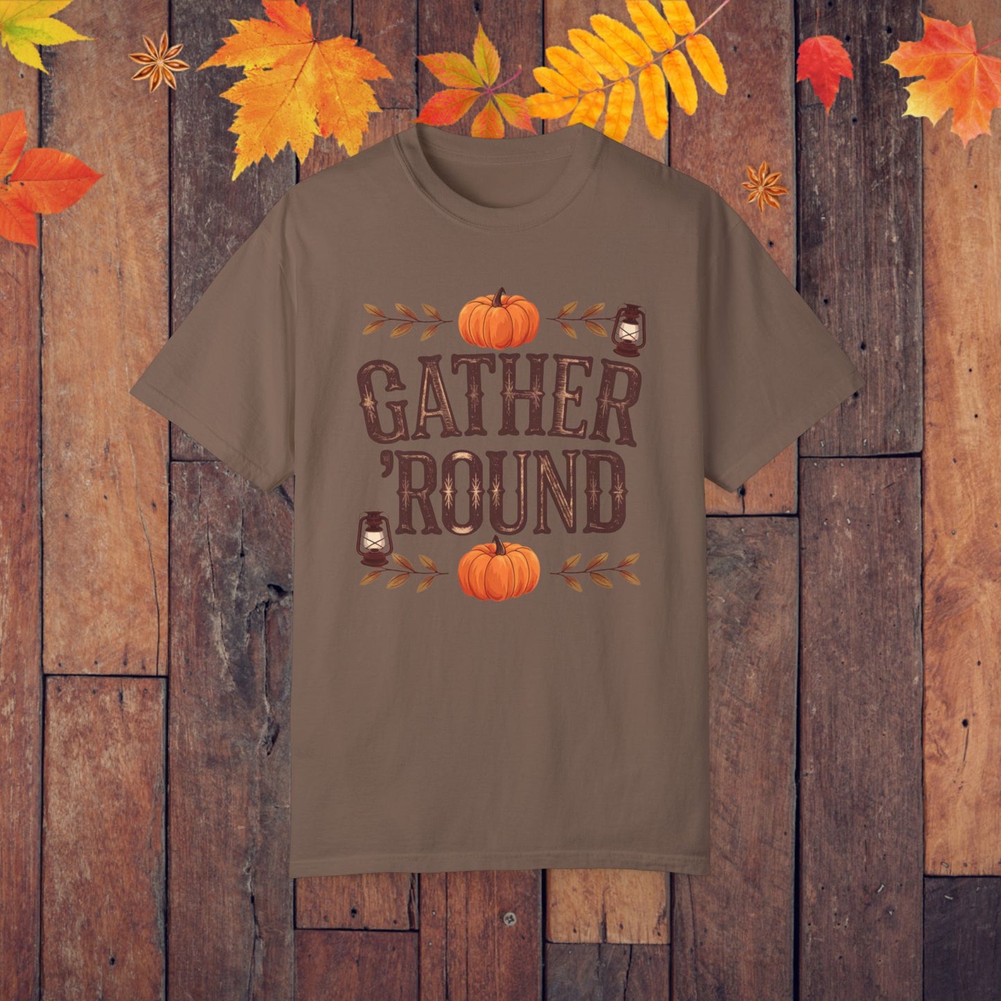 Gather Round Fall Themed T-Shirt, Pumpkin Lantern Design Tee, Autumn Season Shirt, Rustic Thanksgiving Shirt, Cozy Fall Apparel Gift