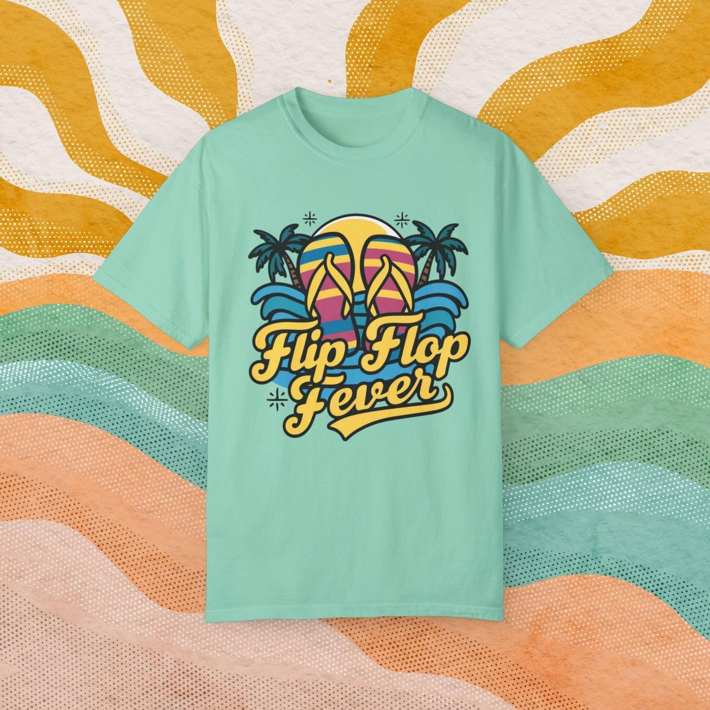 Retro Flip Flop Fever T-Shirt, Summer Vibes Beach Lovers Tee, Fun Tropical Vacation Shirt, Casual Graphic Print Top