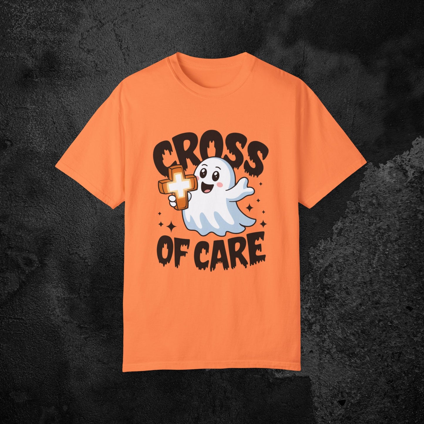 Cute Ghost Cross of Care T Shirt, Fun Halloween Graphic Tee, Perfect for Halloween Parties, Casual Wear, Gift Idea for Friends