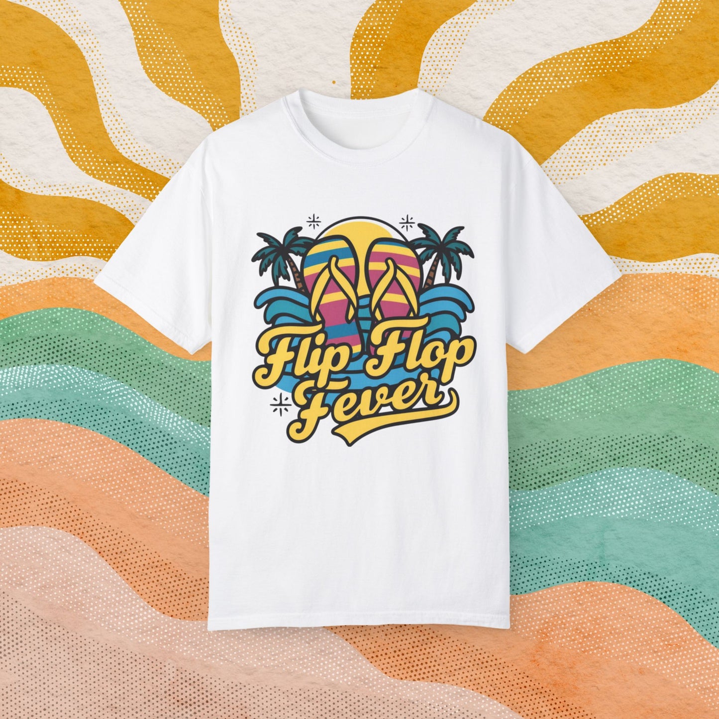 Retro Flip Flop Fever T-Shirt, Summer Vibes Beach Lovers Tee, Fun Tropical Vacation Shirt, Casual Graphic Print Top