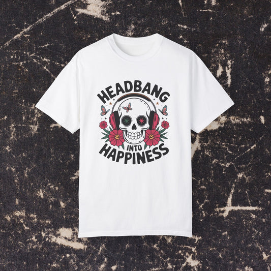 Rock Music Skull Headphones T Shirt, Headbang Into Happiness Graphic Tee, Skull and Flowers Music Lovers Shirt, Fun Music Band Tee