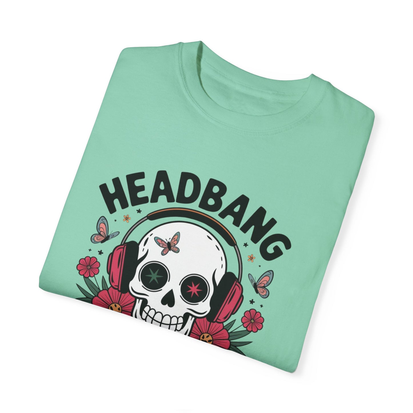 Rock Music Skull Headphones T Shirt, Headbang Into Happiness Graphic Tee, Skull and Flowers Music Lovers Shirt, Fun Music Band Tee