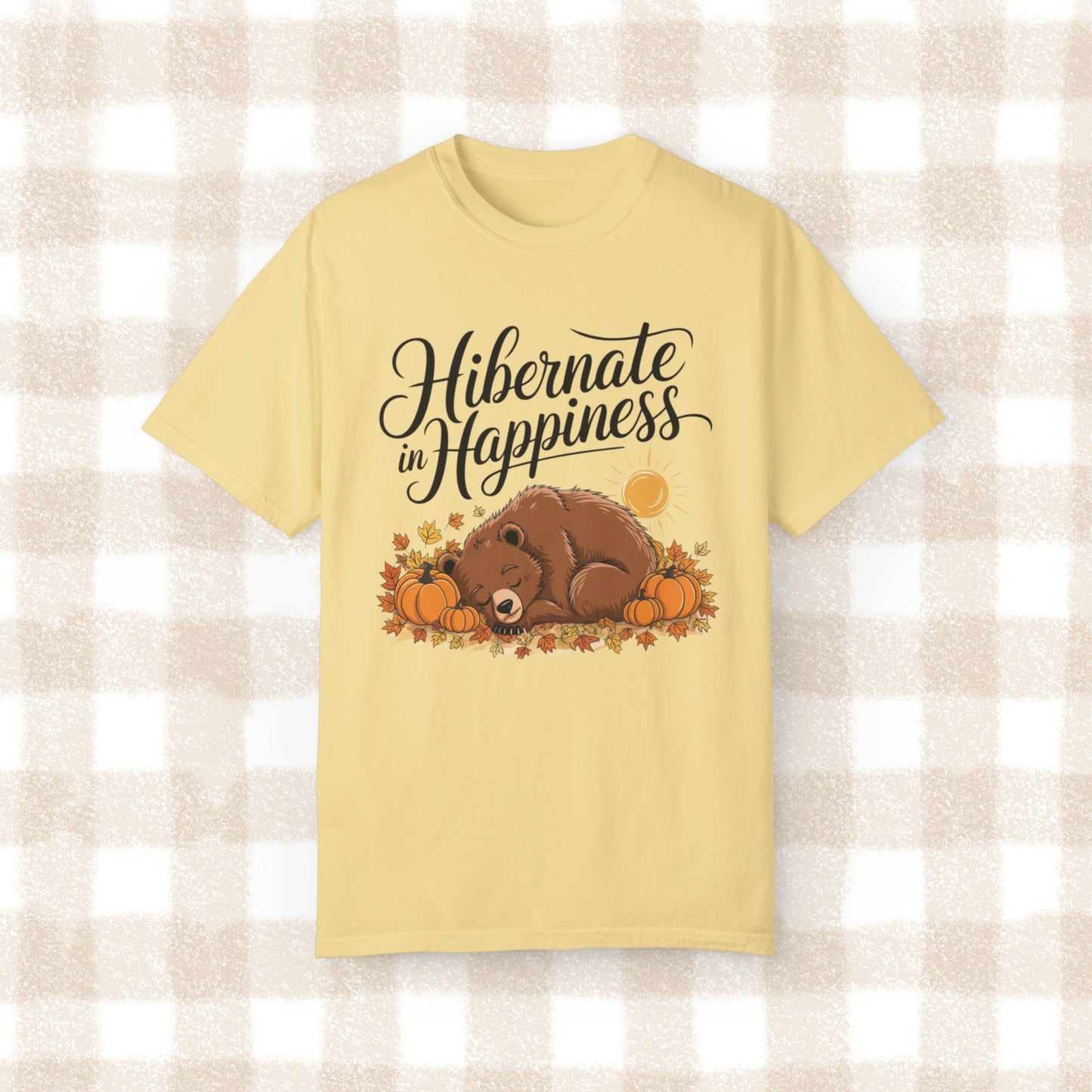 Hibernate in Happiness Bear Fall Design T-Shirt, Cute Bear Sleeping with Pumpkins, Autumn Leaves, Sun, Nature Lovers Gift Tee