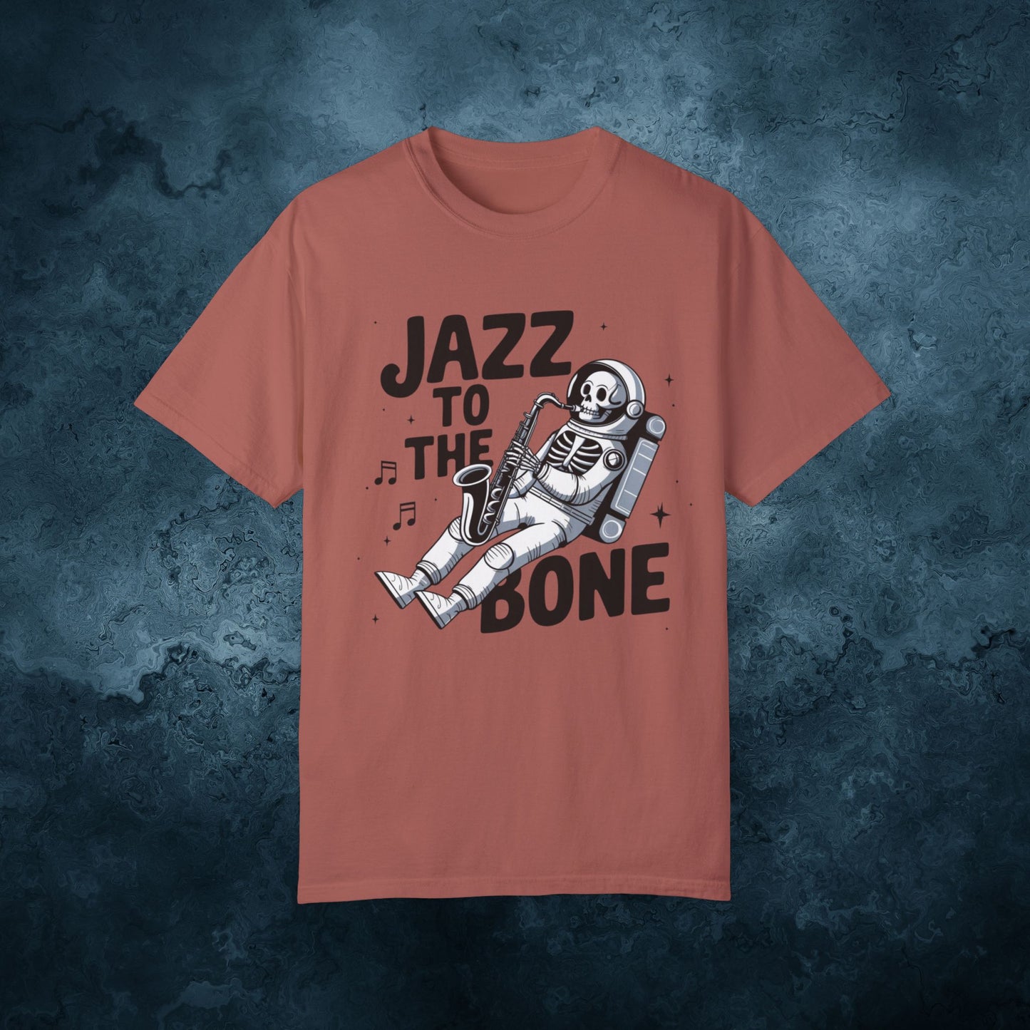 Skeleton Astronaut Playing Saxophone T-Shirt, Jazz Music Lover Tee, Space Theme Graphic Tee, Unique Artistic T-Shirt Gift