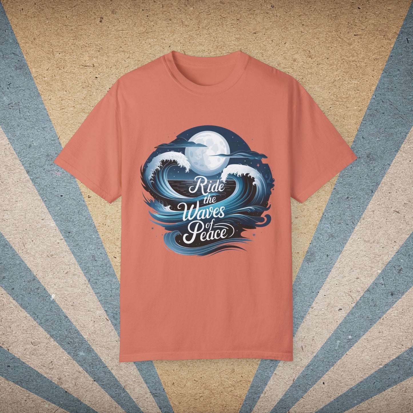 Ride the Waves of Peace Graphic T-Shirt, Surfing Ocean Moon Design Tee, Beach Lovers Shirt, Nautical Themed Apparel Top Garment-Dyed T-shirt