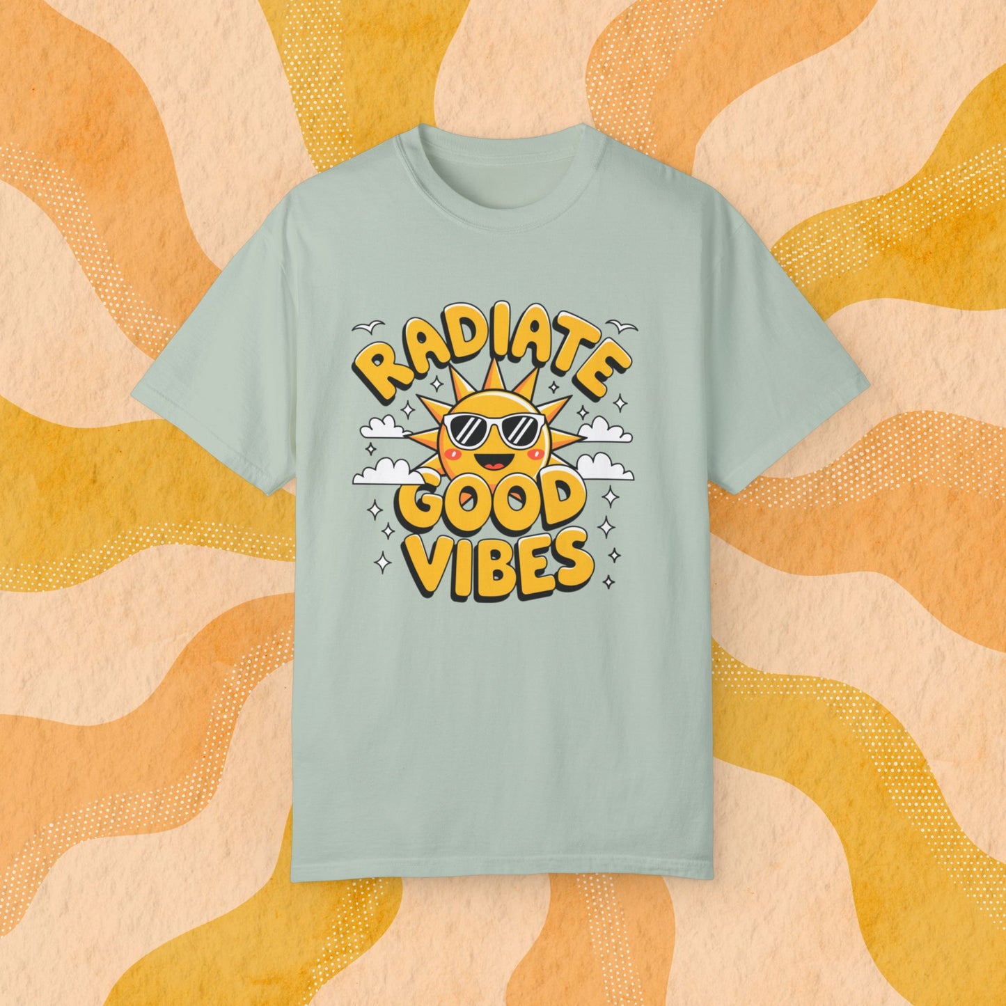 Radiate Good Vibes T-Shirt, Positive Energy Shirt, Sun and Cloud Graphic Tee, Happy Sunshine Shirt, Good Vibes Graphic Tee T-shirt Gift Garment-Dyed T-shirt