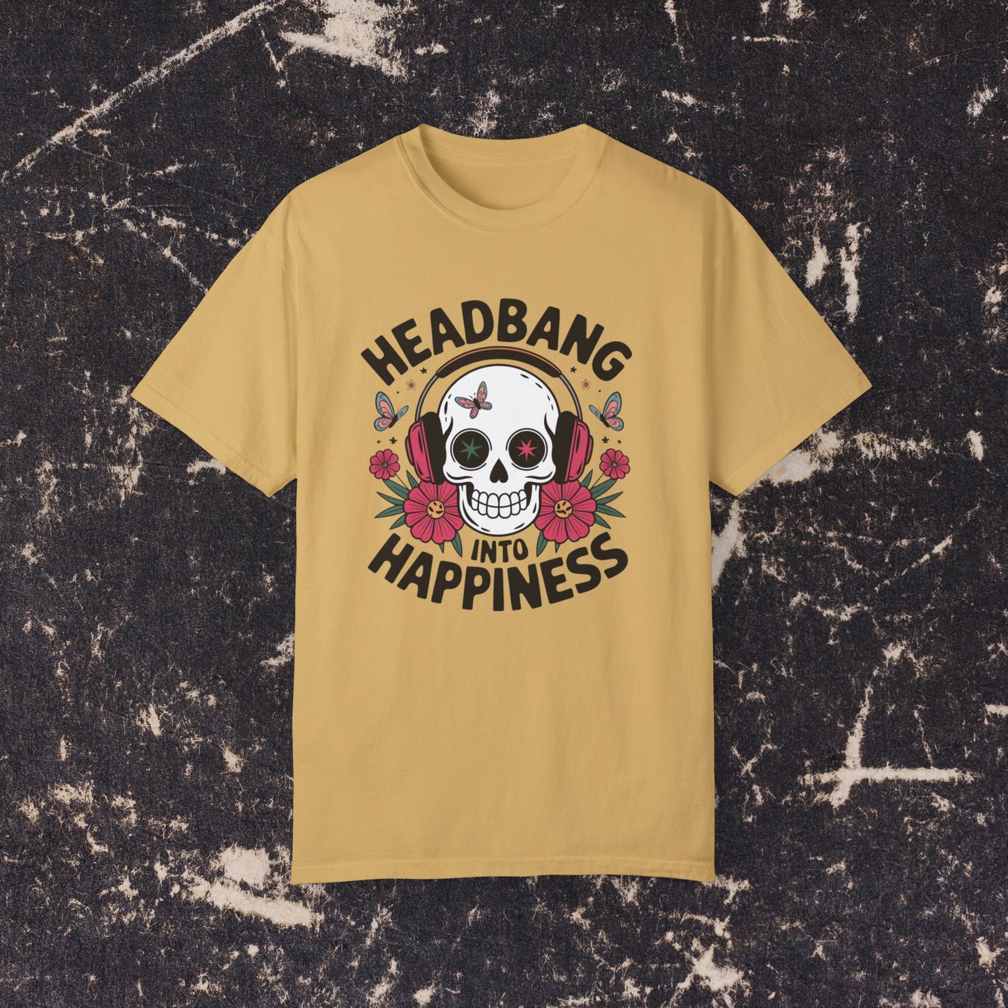 Rock Music Skull Headphones T Shirt, Headbang Into Happiness Graphic Tee, Skull and Flowers Music Lovers Shirt, Fun Music Band Tee