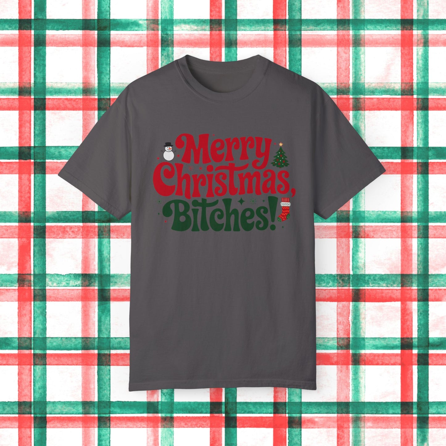 Merry Christmas Bitches Funny Holiday T-Shirt, Christmas Tree and Snowman Graphic Tee, Fun Xmas Shirt, Christmas Party Shirt