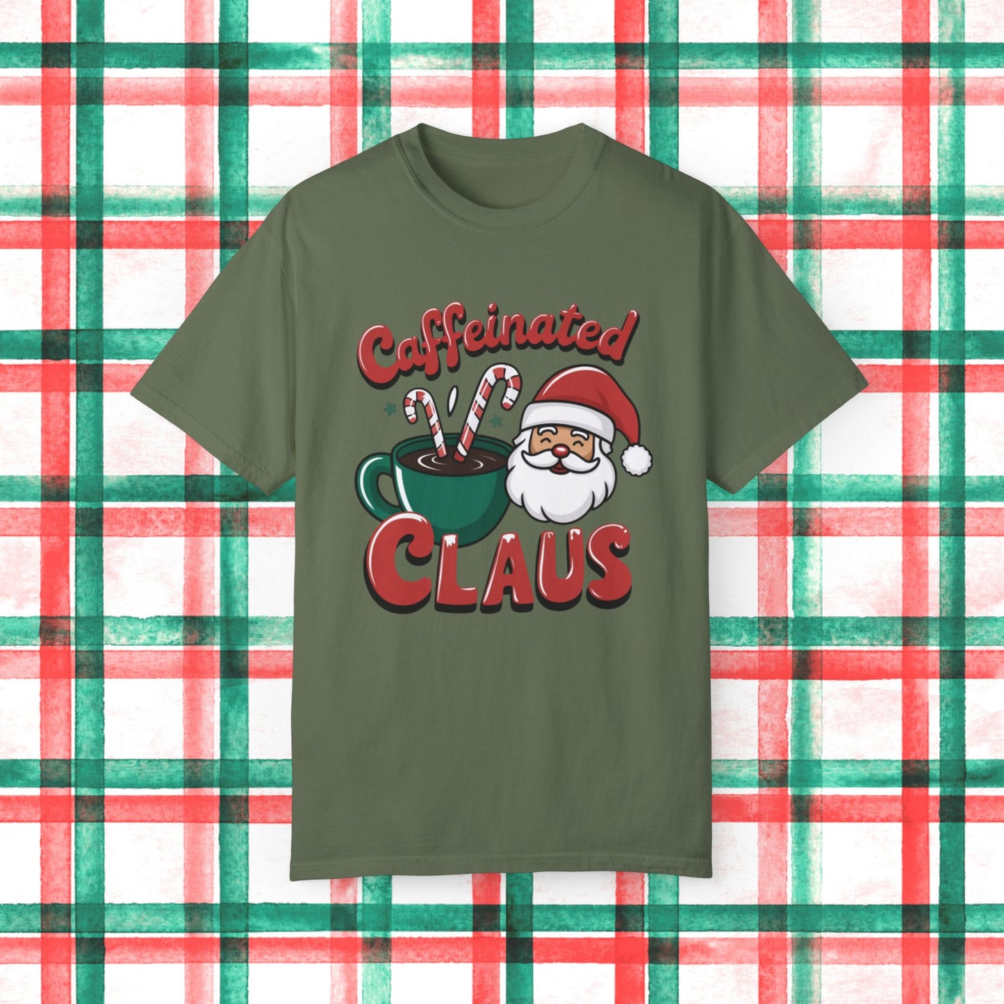 Caffeinated Claus Christmas T-Shirt, Funny Holiday Shirt, Santa Coffee Lover Gift, Festive Graphic Tee, Xmas Humor Shirt