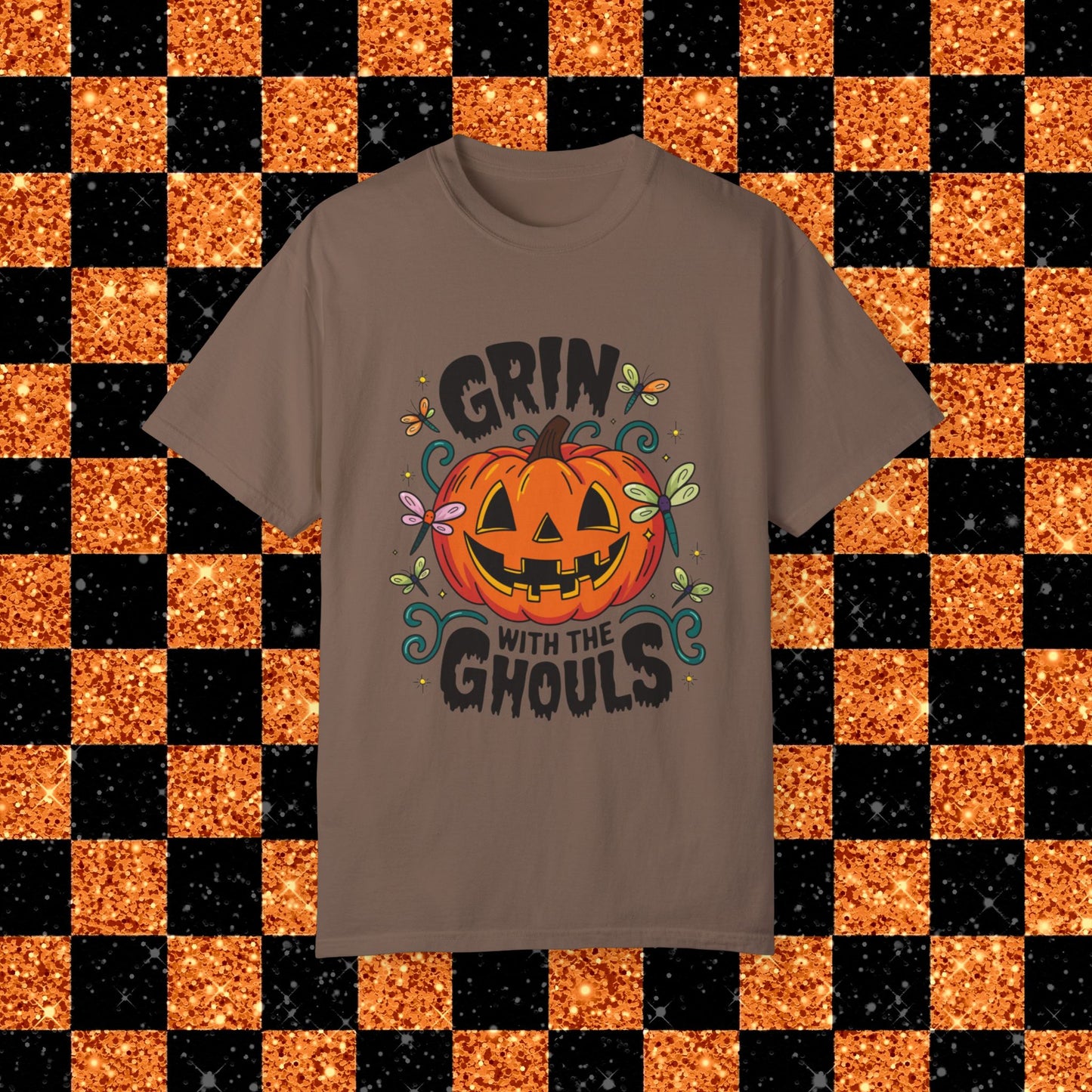 Funny Halloween T-shirt, Grin with the Ghouls, Pumpkin Face Shirt, Halloween Party Tee, Spooky Season Shirt, Dragonfly Decor