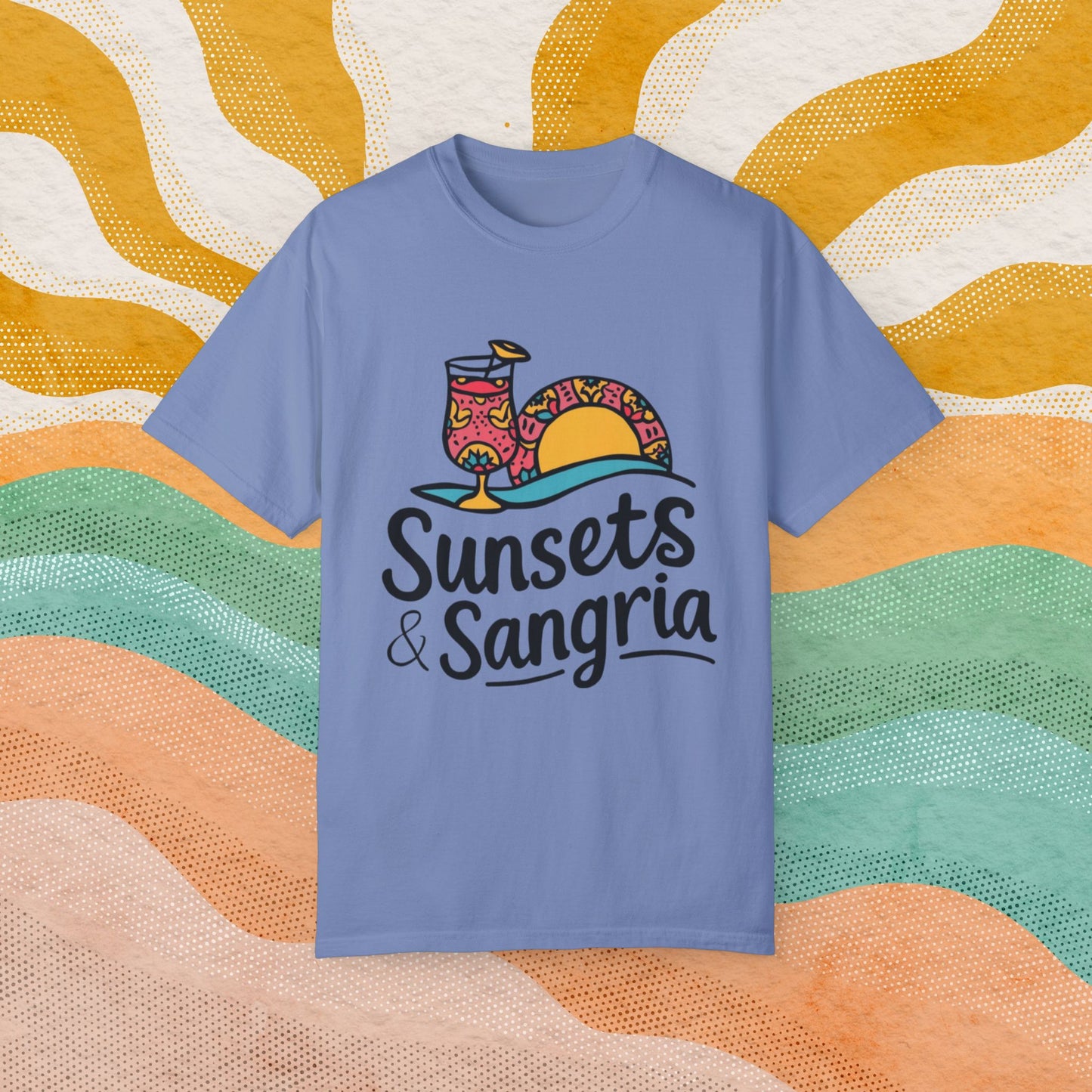 Sunsets and Sangria Graphic Tee, Fun Summer Beach Shirt, Vacation Vibes T-Shirt, Relaxed Fit Casual Top, Unique Gift Idea