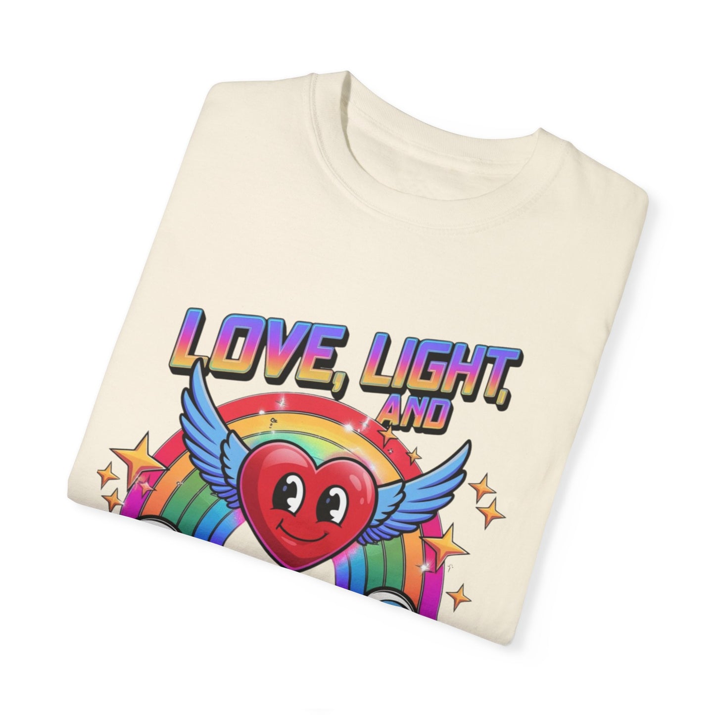 Love Light and Pixels T-Shirt, Retro Rainbow Heart Tee, Winged Heart Graphic Shirt, Positive Vibes Top, Cute Kawaii Nerd Shirt