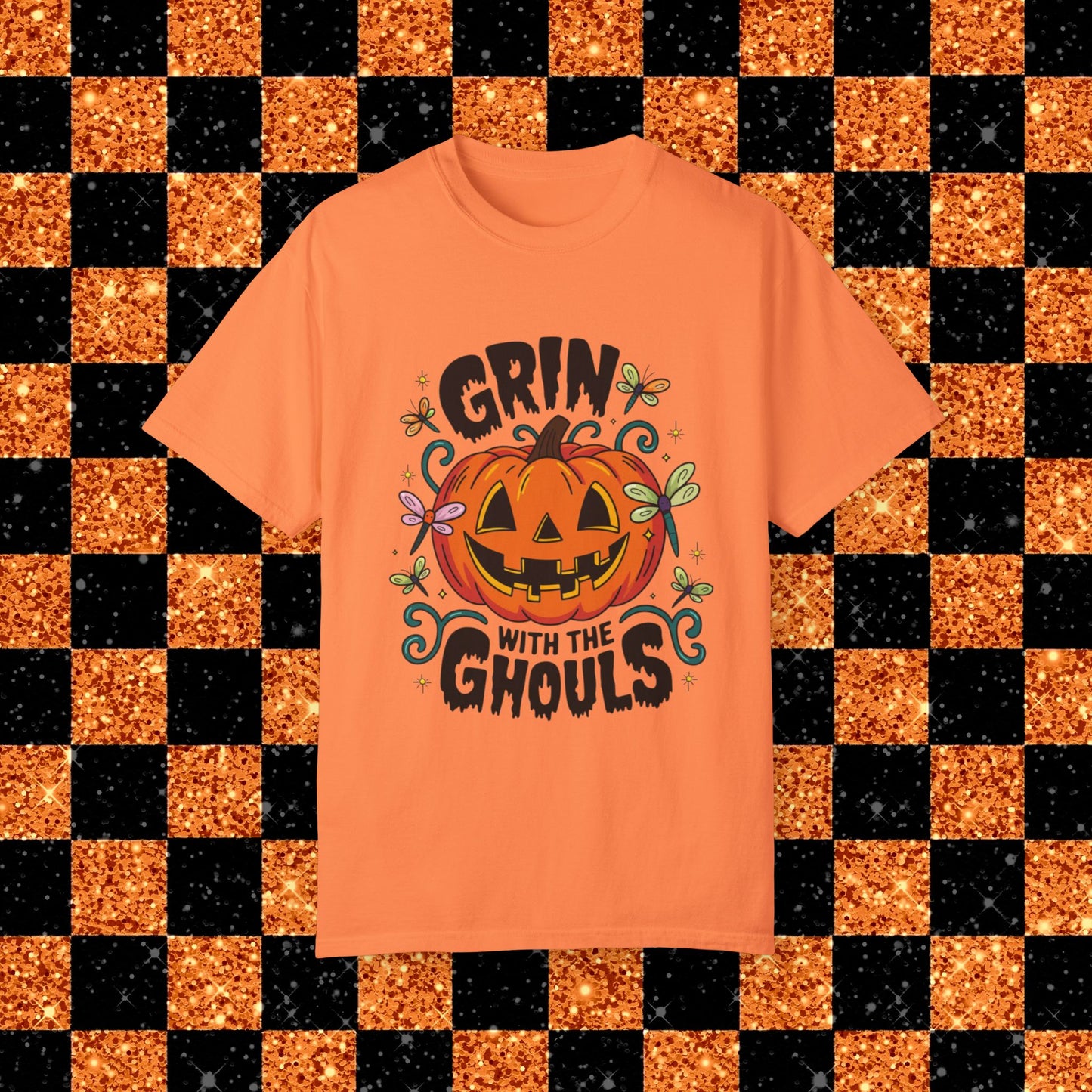 Funny Halloween T-shirt, Grin with the Ghouls, Pumpkin Face Shirt, Halloween Party Tee, Spooky Season Shirt, Dragonfly Decor