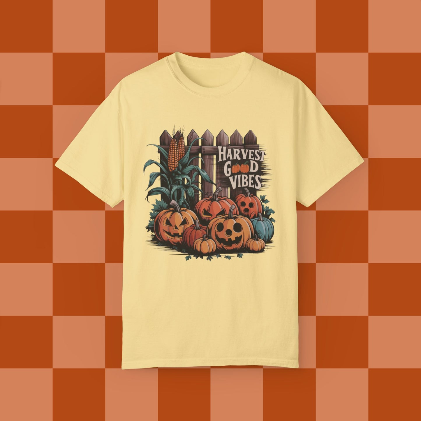 Harvest Good Vibes T-Shirt, Perfect Fall Pumpkin Design, Autumn Corn, Rustic Fence, Cozy Halloween Vibes, Seasonal Graphic Tee