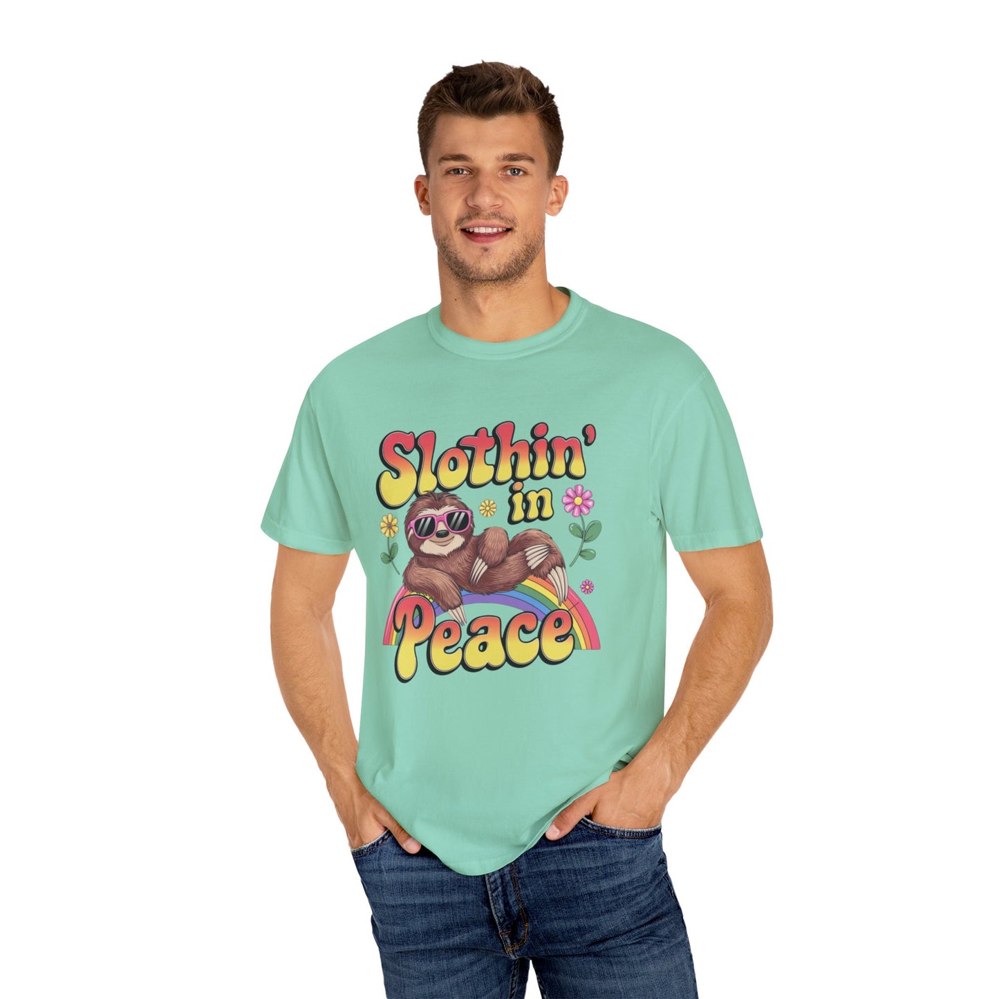 Funny Sloth T-Shirt, Slothin' in Peace Graphic Tee, Cute Sloth Shirt, Rainbow T-Shirt, Sloth Lover Gift, Cute Animal Shirt