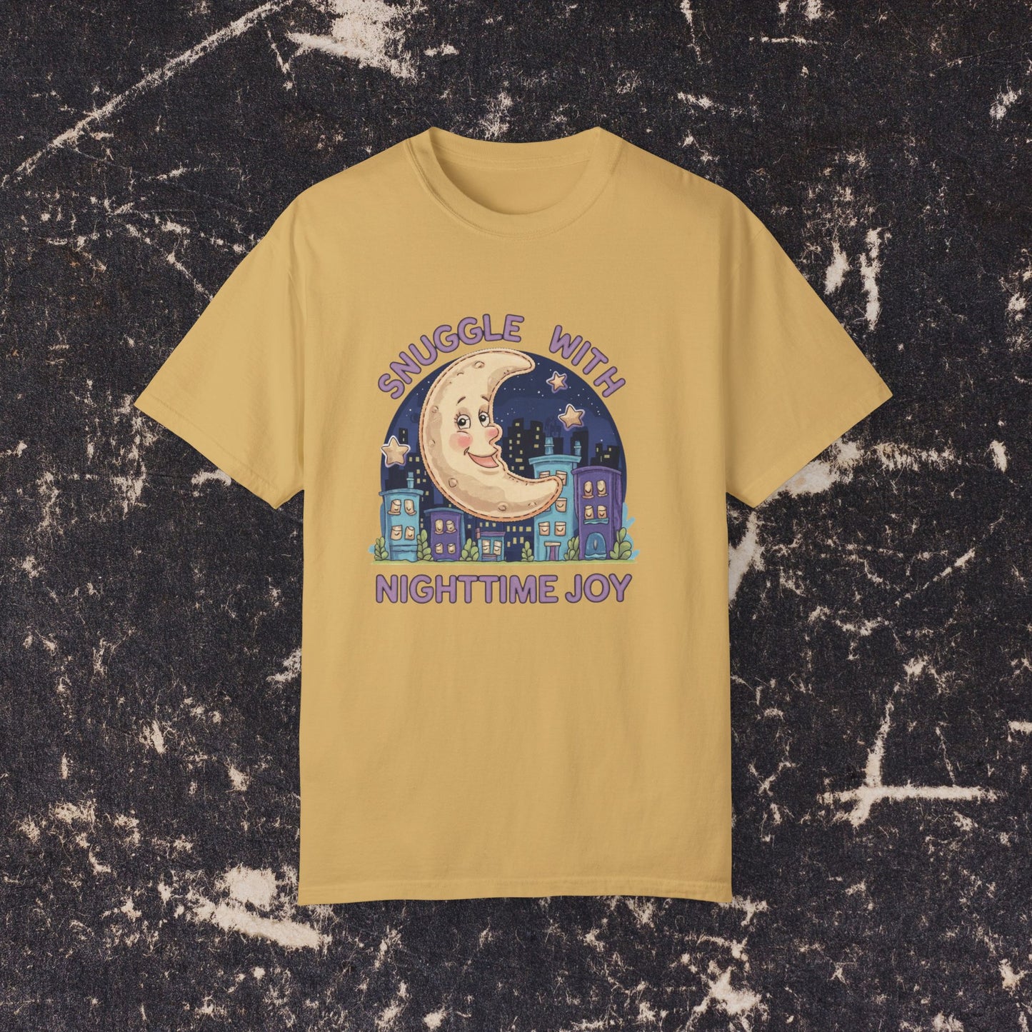 Snuggle with Nighttime Joy Cute Moon Cityscape Graphic Tee Cozy Urban Night Sky Shirt Fun Sleepy Time T-shirt