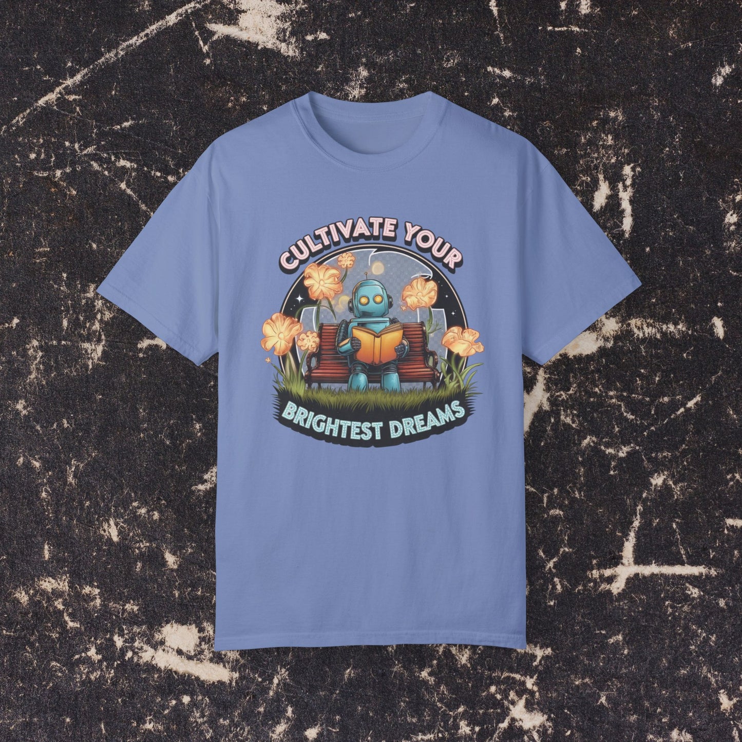 Cute Robot Reading on a Bench Graphic Tee, Cultivate Your Brightest Dreams T-Shirt, Motivational Robot Illustration Tee