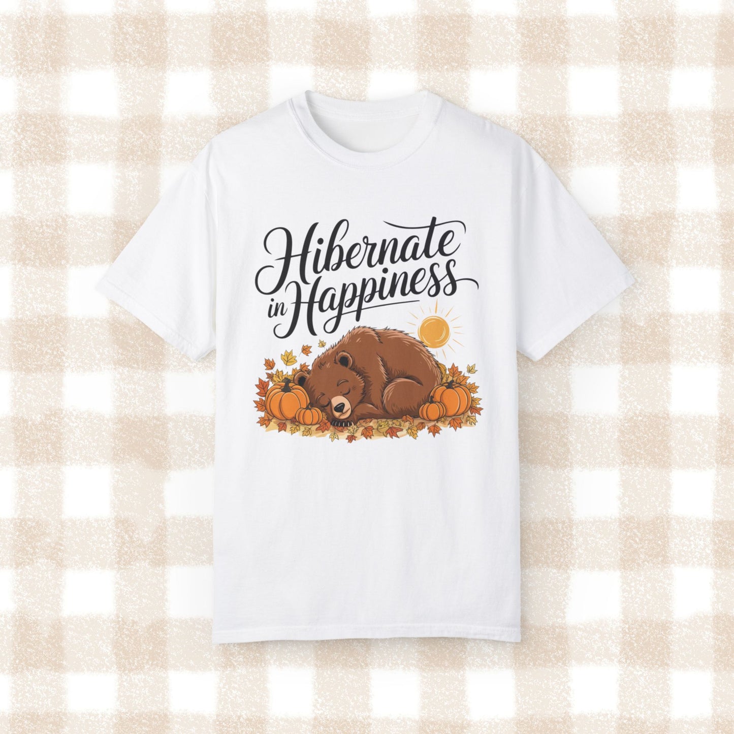 Hibernate in Happiness Bear Fall Design T-Shirt, Cute Bear Sleeping with Pumpkins, Autumn Leaves, Sun, Nature Lovers Gift Tee