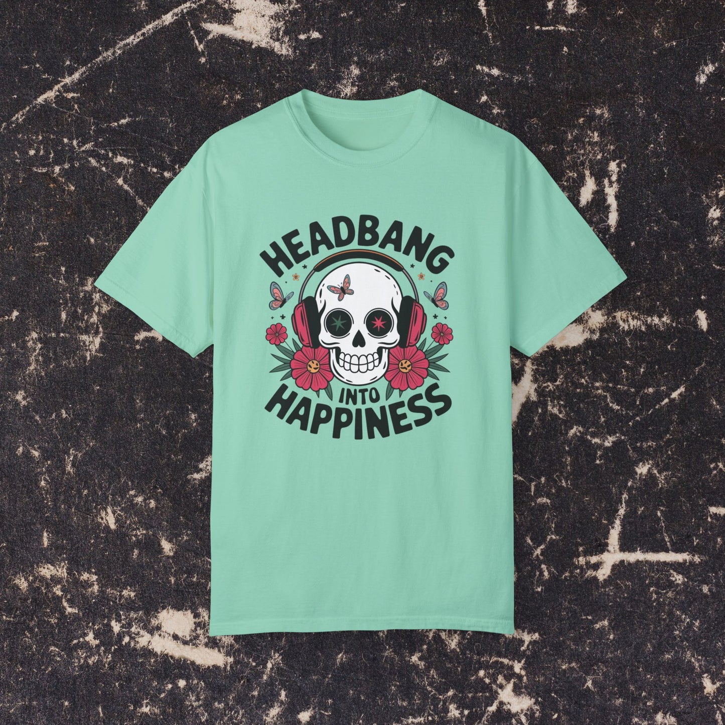 Rock Music Skull Headphones T Shirt, Headbang Into Happiness Graphic Tee, Skull and Flowers Music Lovers Shirt, Fun Music Band Tee