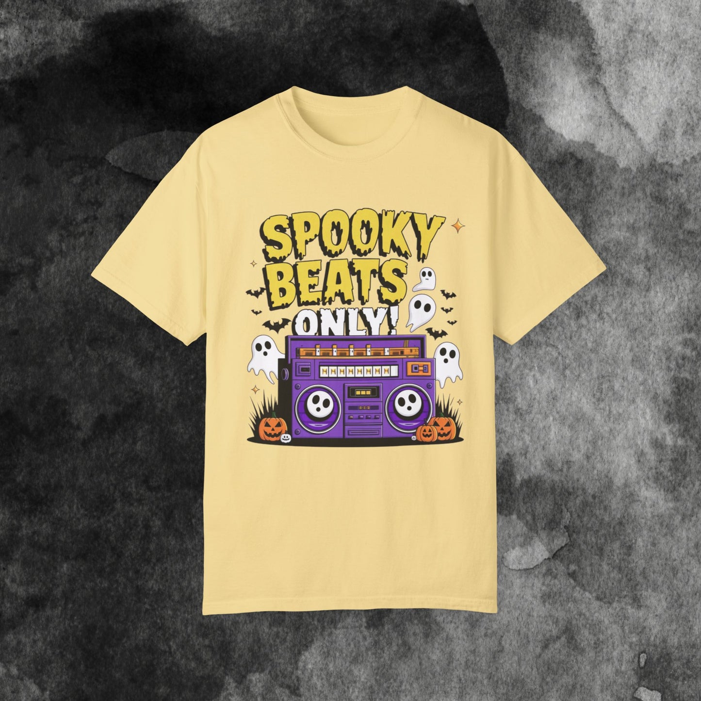 Spooky Beats Only T-Shirt, Halloween Graphic Tee, Retro Boombox Shirt, Ghosts and Pumpkins Design, Fun Holiday Apparel