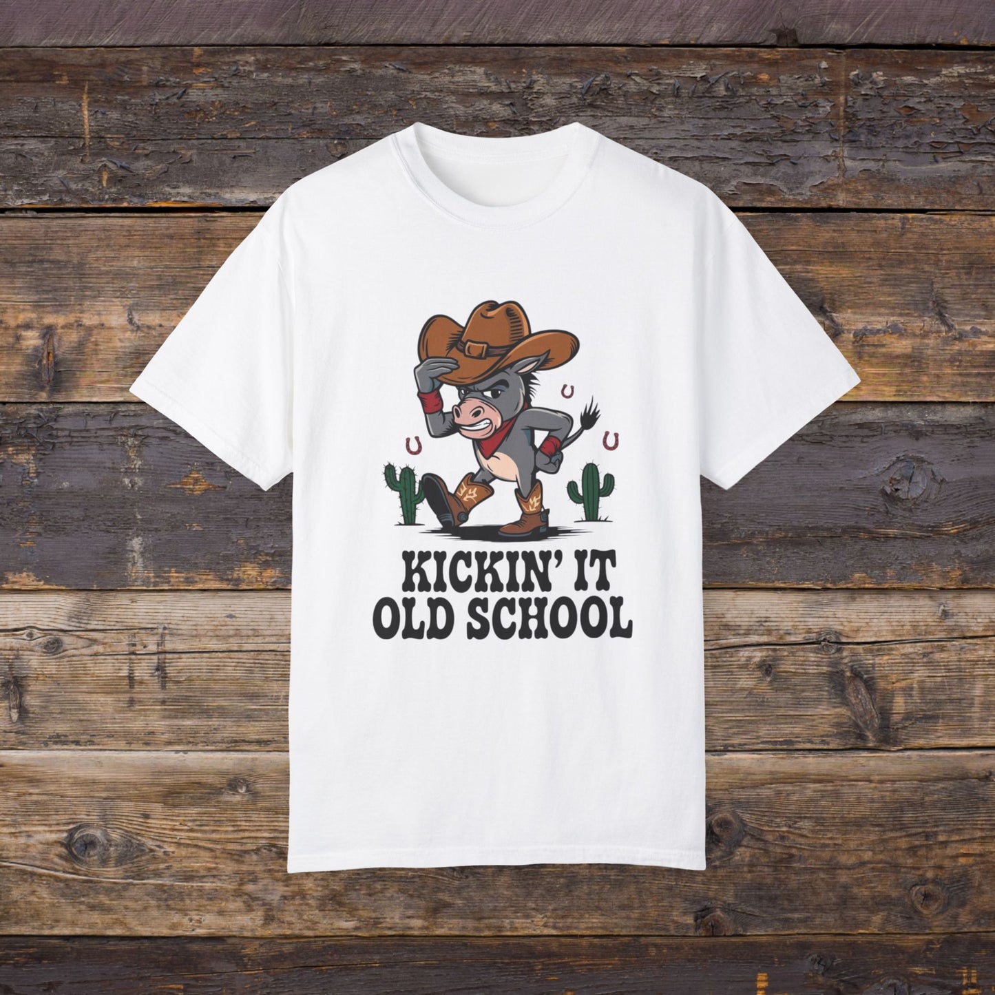 Funny Cowboy Donkey T-Shirt, Kickin' It Old School Graphic Tee, Western Novelty Shirt, Humorous Animal Design, Country Style T-Shirt