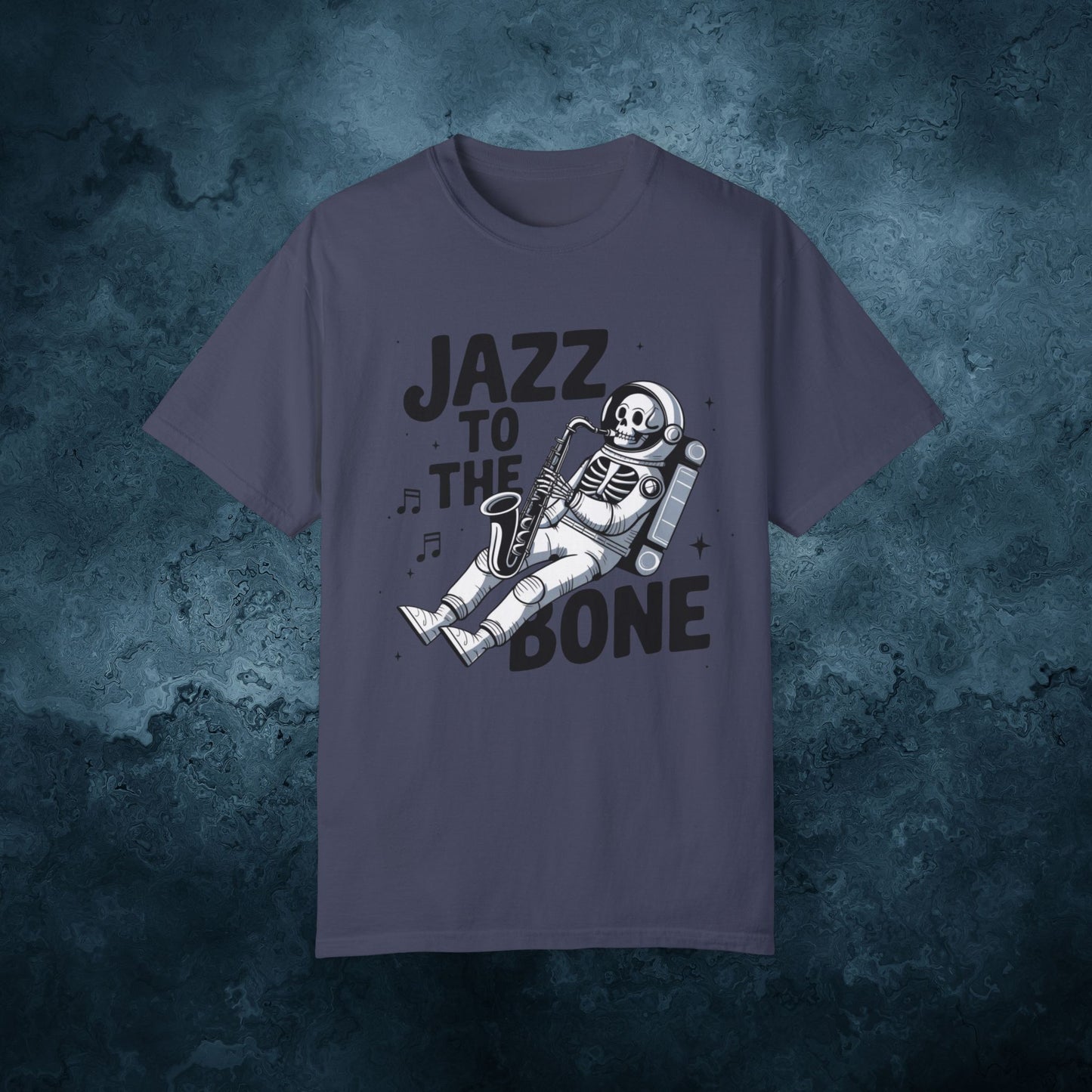 Skeleton Astronaut Playing Saxophone T-Shirt, Jazz Music Lover Tee, Space Theme Graphic Tee, Unique Artistic T-Shirt Gift