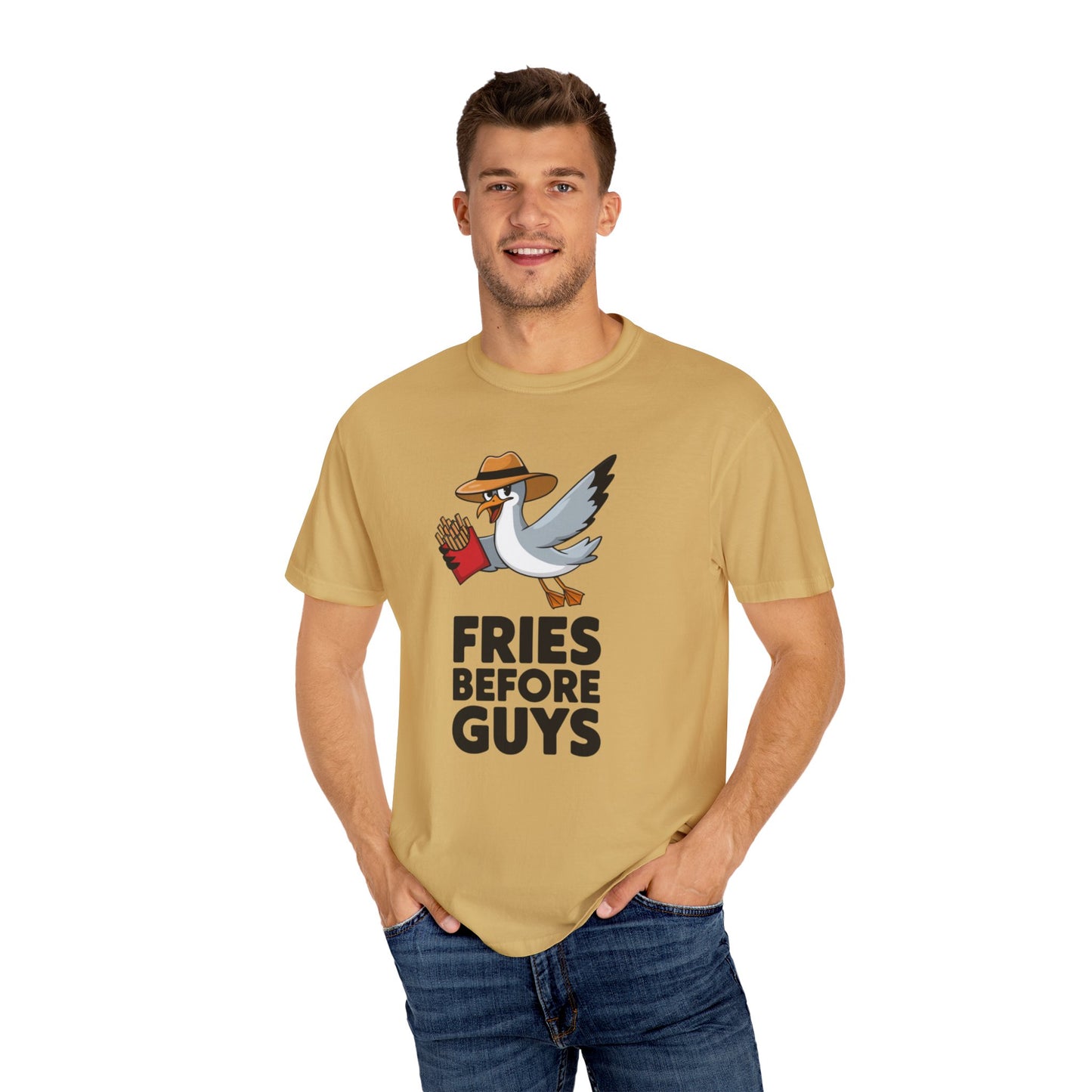 Funny Fries Before Guys Seagull T-Shirt, Humorous Casual Tee, Cute Seagull Graphic Shirt, Fries Lovers Gift, Fun Seagull Tee