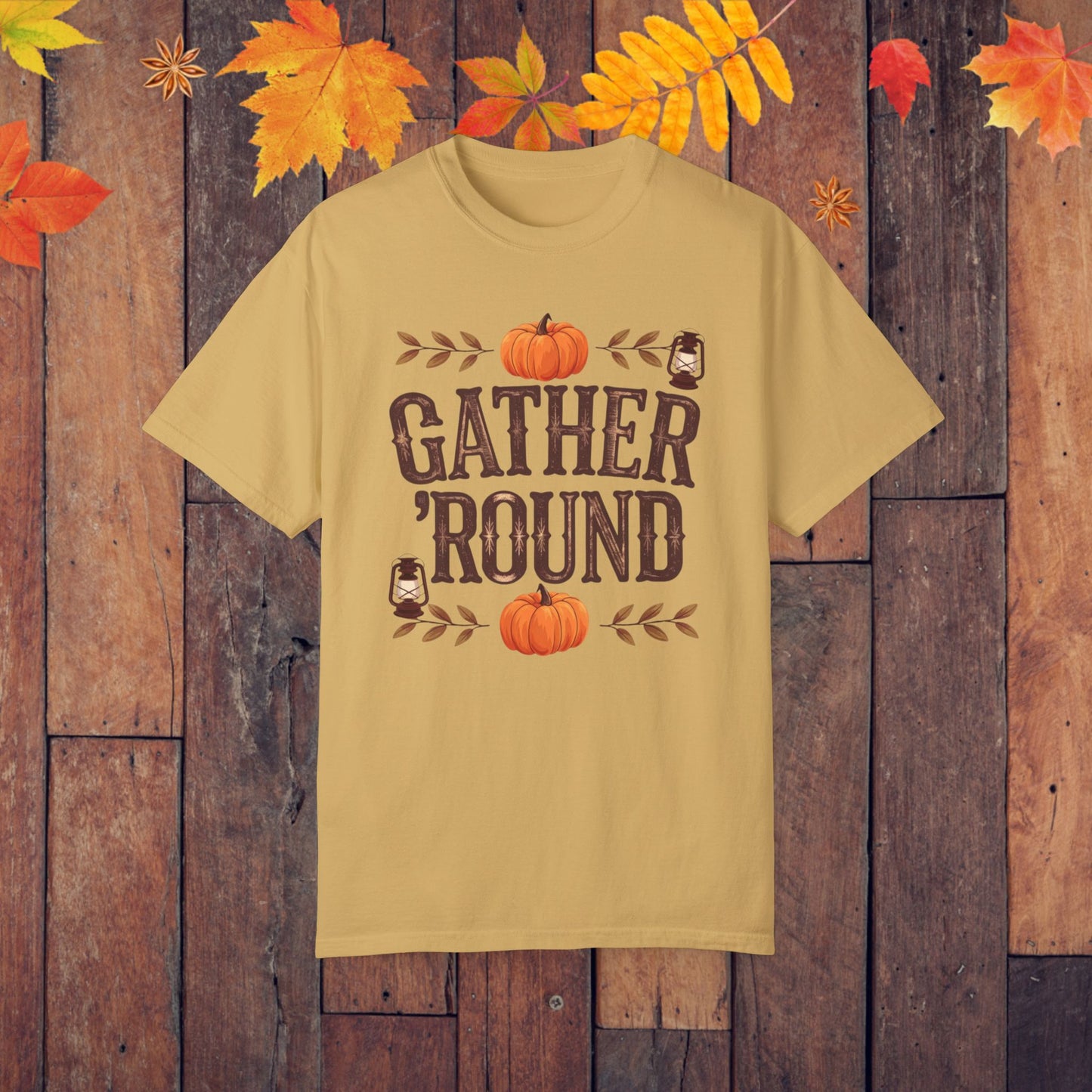 Gather Round Fall Themed T-Shirt, Pumpkin Lantern Design Tee, Autumn Season Shirt, Rustic Thanksgiving Shirt, Cozy Fall Apparel Gift