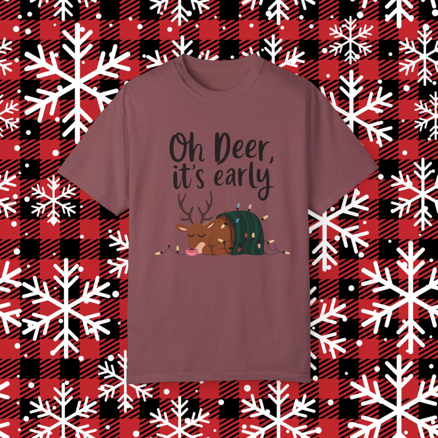 Oh Deer It's Early Christmas T-Shirt, Funny Reindeer Holiday Shirt, Cute Sleeping Deer Tee, Xmas Lights Graphic Tee, Gift for Friends