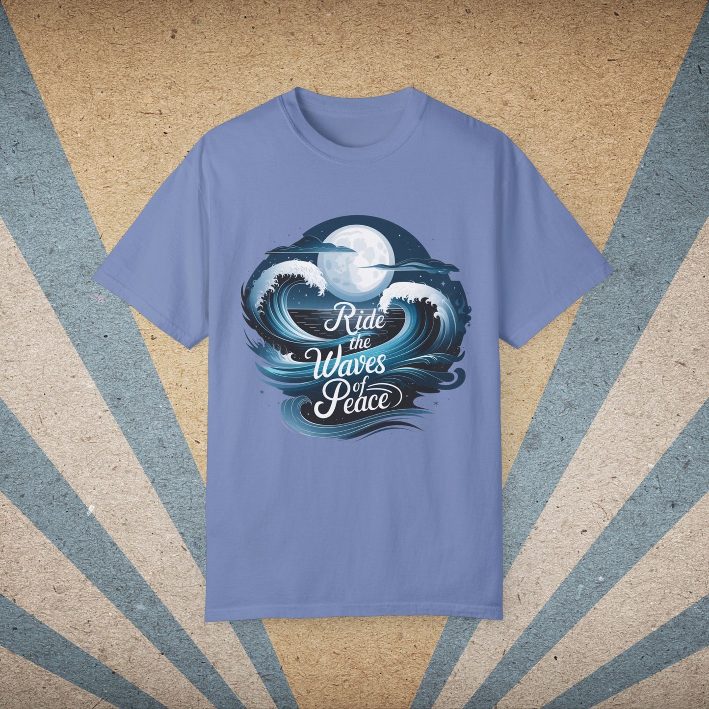 Ride the Waves of Peace Graphic T-Shirt, Surfing Ocean Moon Design Tee, Beach Lovers Shirt, Nautical Themed Apparel Top Garment-Dyed T-shirt