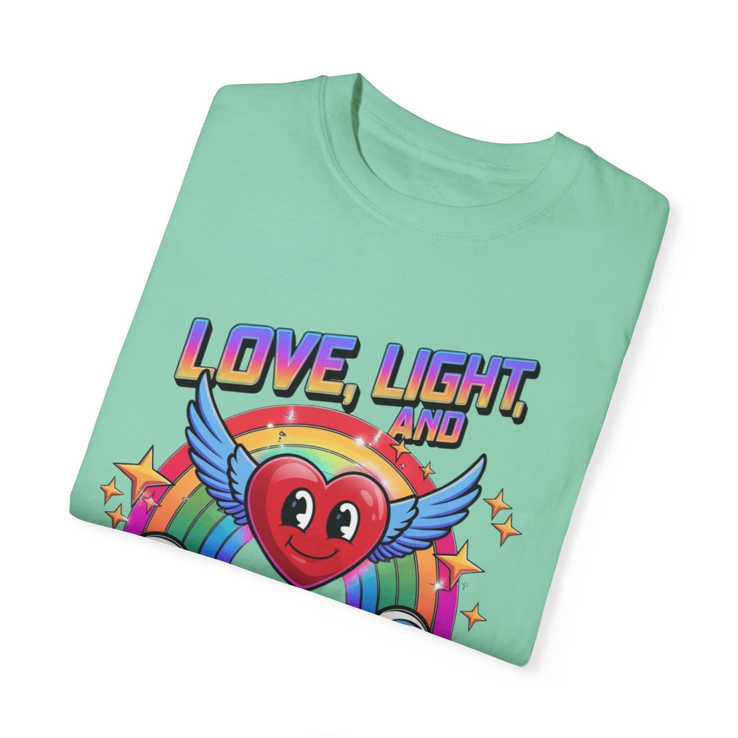 Love Light and Pixels T-Shirt, Retro Rainbow Heart Tee, Winged Heart Graphic Shirt, Positive Vibes Top, Cute Kawaii Nerd Shirt